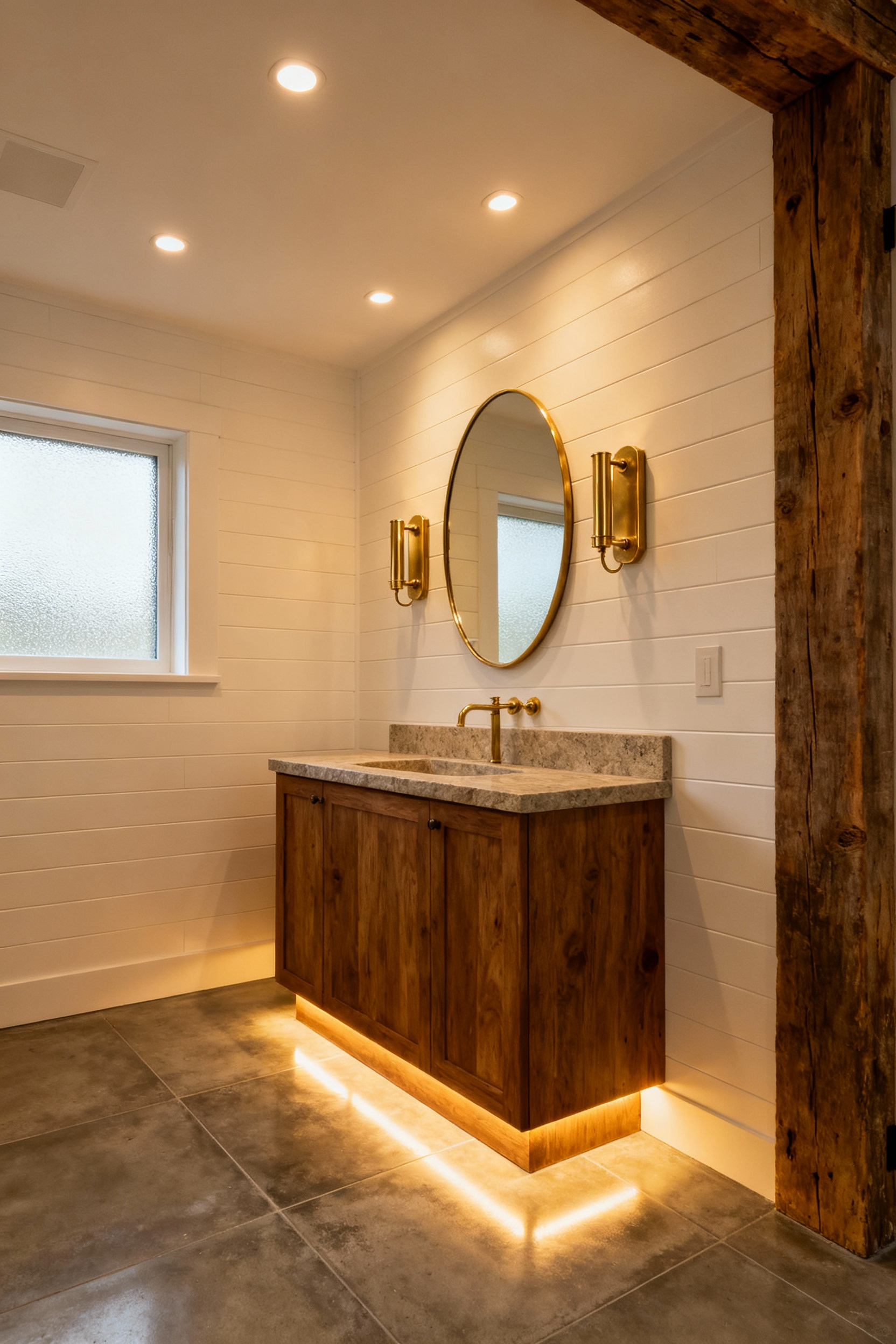 A professional photo of a sophisticated farmhouse bathroom featuring architectural lighting. Elegant unlacquered brass sconces flank a vanity mirror, complemented by recessed ambient lighting and concealed LED strips illuminating the vanity base, highlighting natural textures of wood and stone.