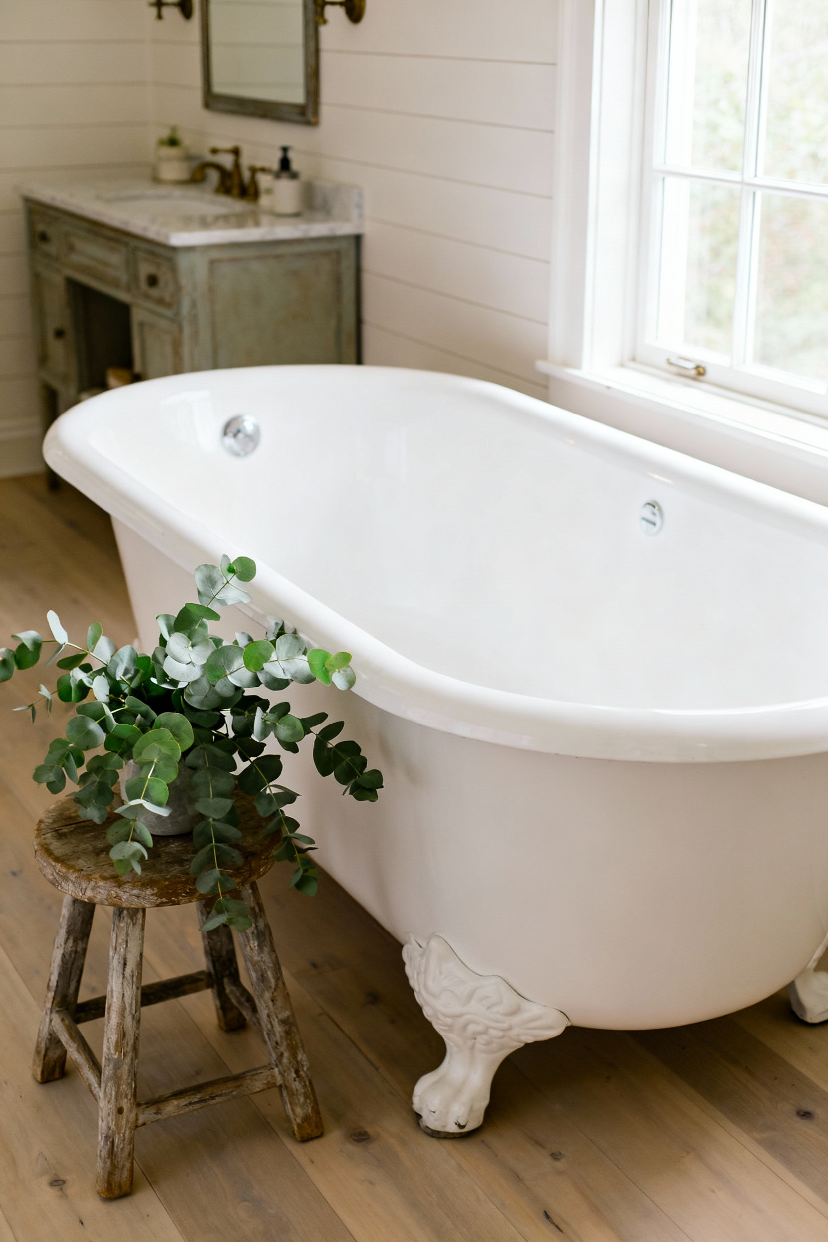 A refined farmhouse bathroom featuring a beautiful white freestanding cast-iron clawfoot tub with natural light pouring in, showcasing timeless elegance and rustic comfort.