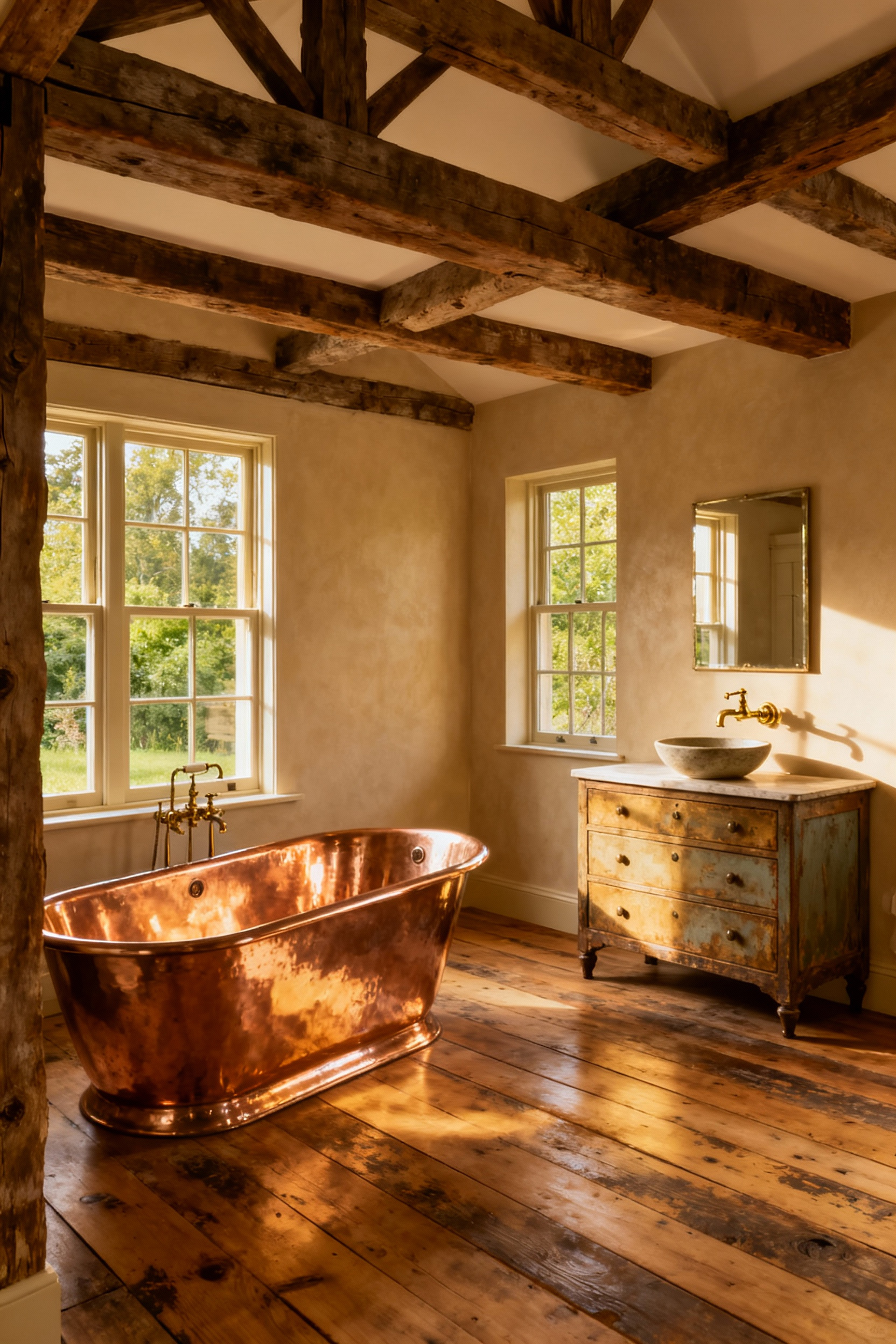 Luxurious farmhouse bathroom with exposed timber beams, wide-plank pine floors, a freestanding copper tub, and a repurposed antique dresser vanity beneath historically accurate casement windows.