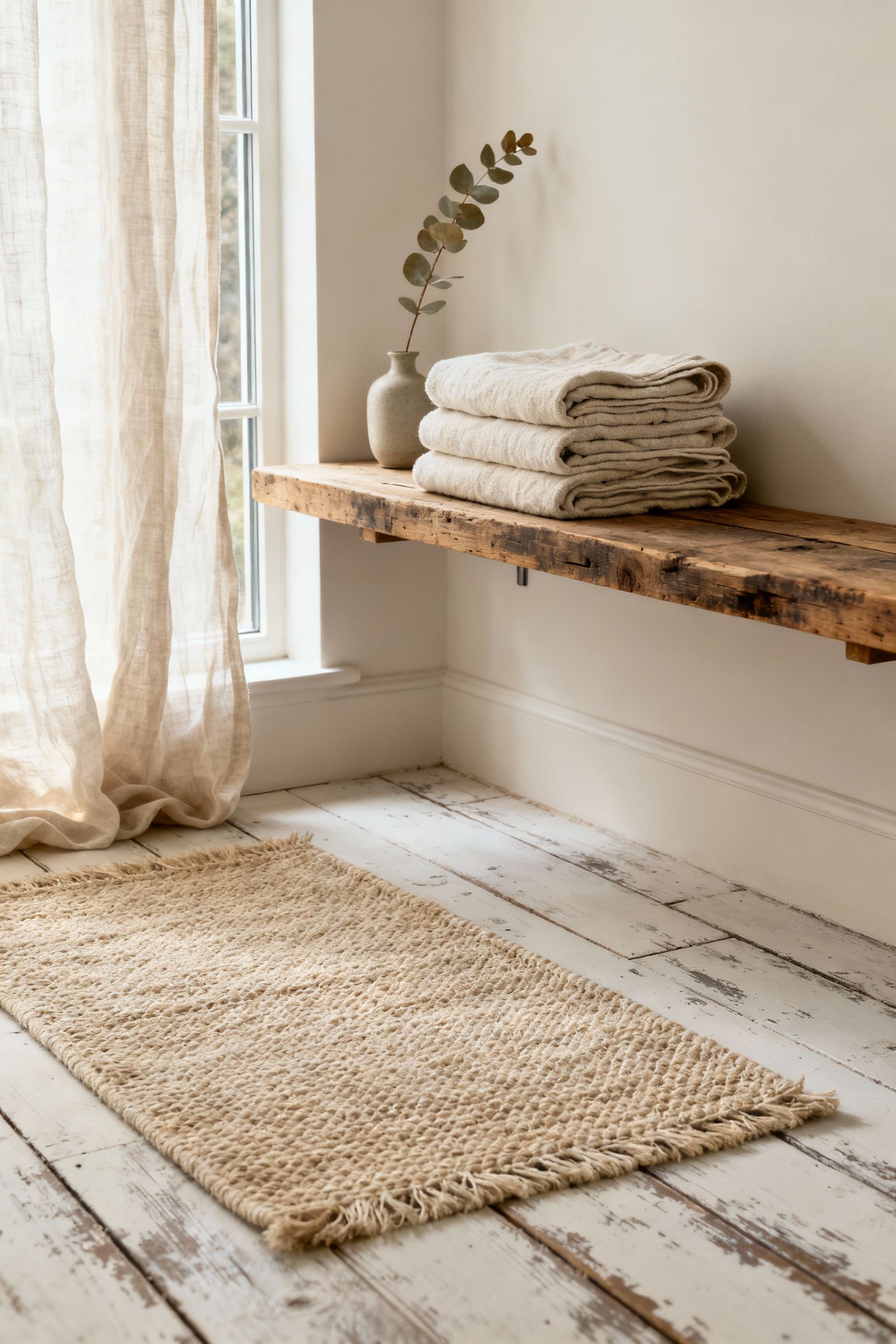 Farmhouse bathroom featuring stacked organic linen towels on a rustic shelf and a textured hemp bathmat on distressed wooden floors, showcasing sustainable and soft textiles.