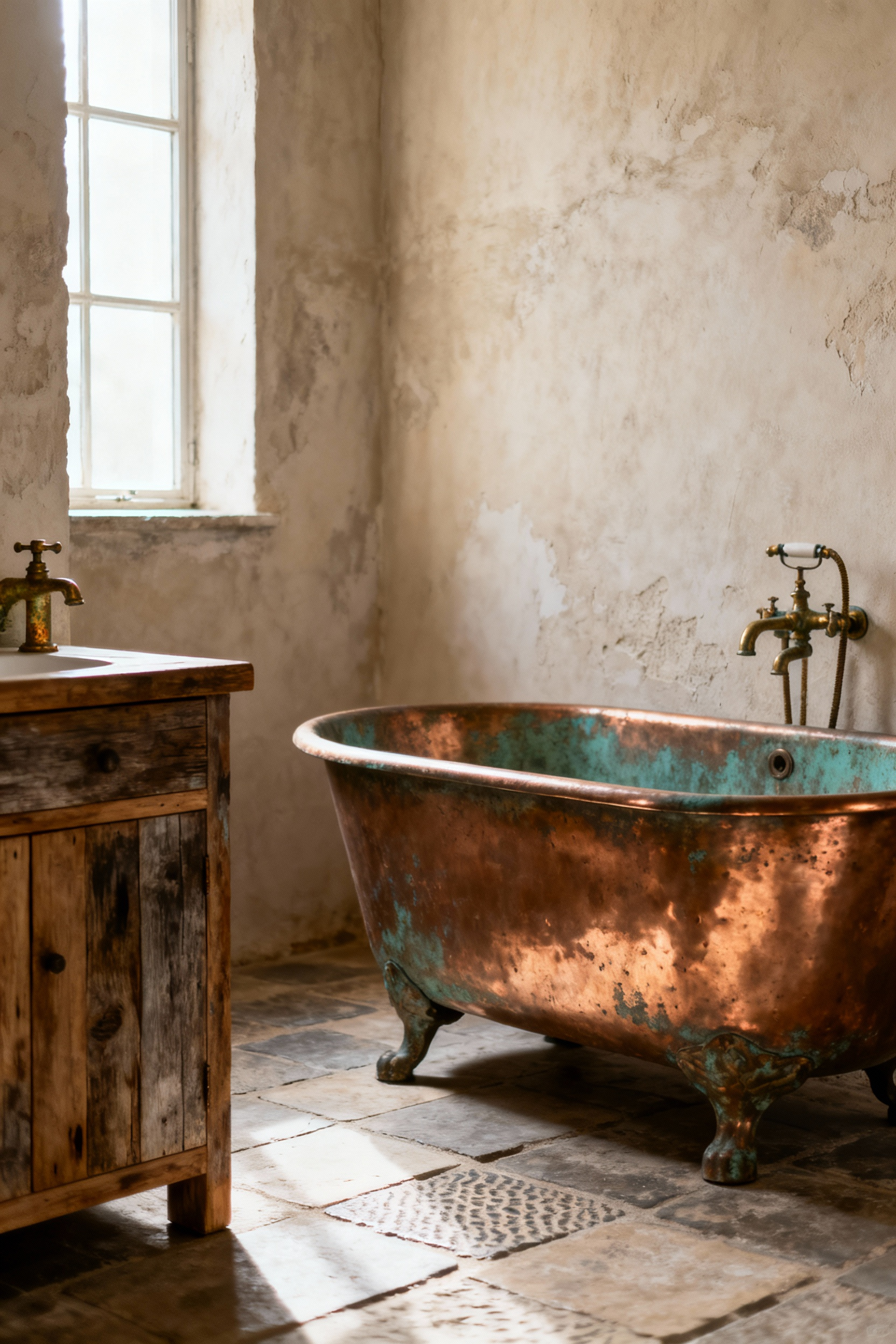 Farmhouse bathroom with antique copper tub, reclaimed wood vanity, unpolished stone, and unlacquered brass fixtures, showcasing Wabi-Sabi aesthetic with natural patina and varied textures.