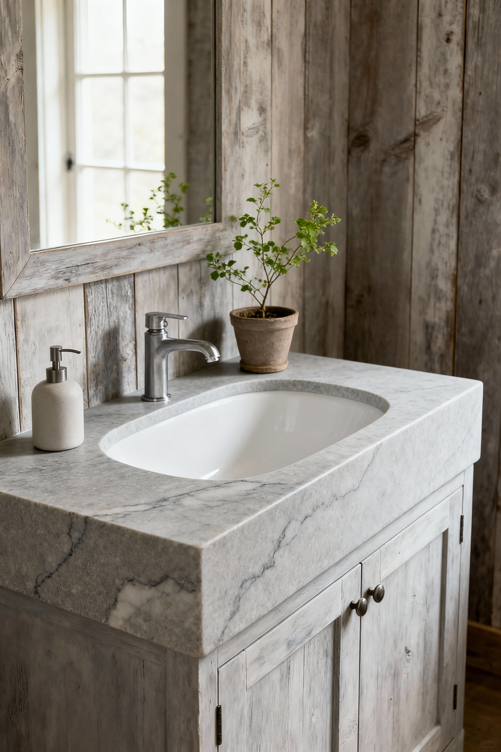 Farmhouse bathroom vanity with honed natural stone countertop, showcasing a matte gray finish, integrated white sink, and subtle plant decor, under soft window light.