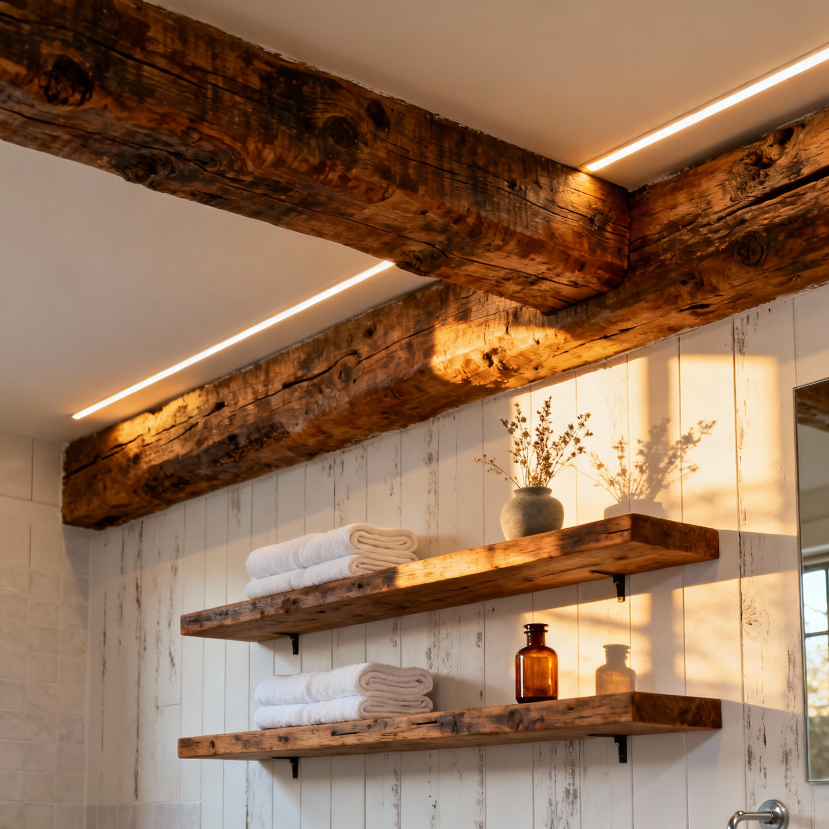 A farmhouse bathroom showcasing a majestic reclaimed oak beam on the ceiling and thick floating reclaimed wood shelves on a white shiplap wall, styled with towels and botanicals.