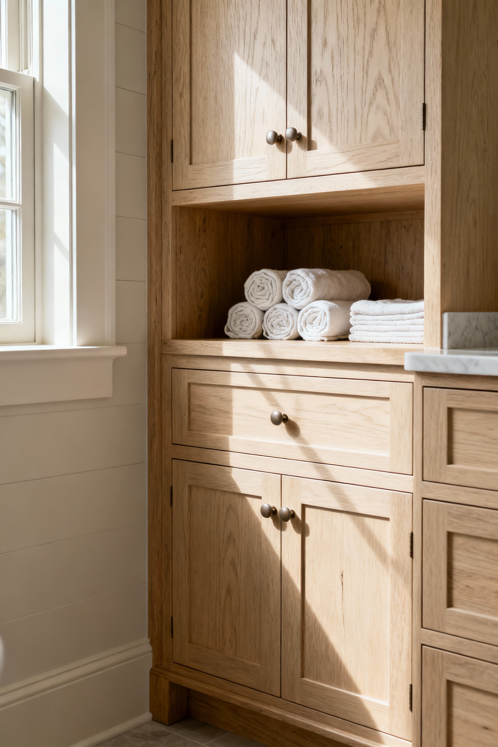 Close-up of bespoke quarter-sawn white oak cabinetry in a farmhouse bathroom, featuring Shaker-style drawers and integrated shelving with a durable finish.