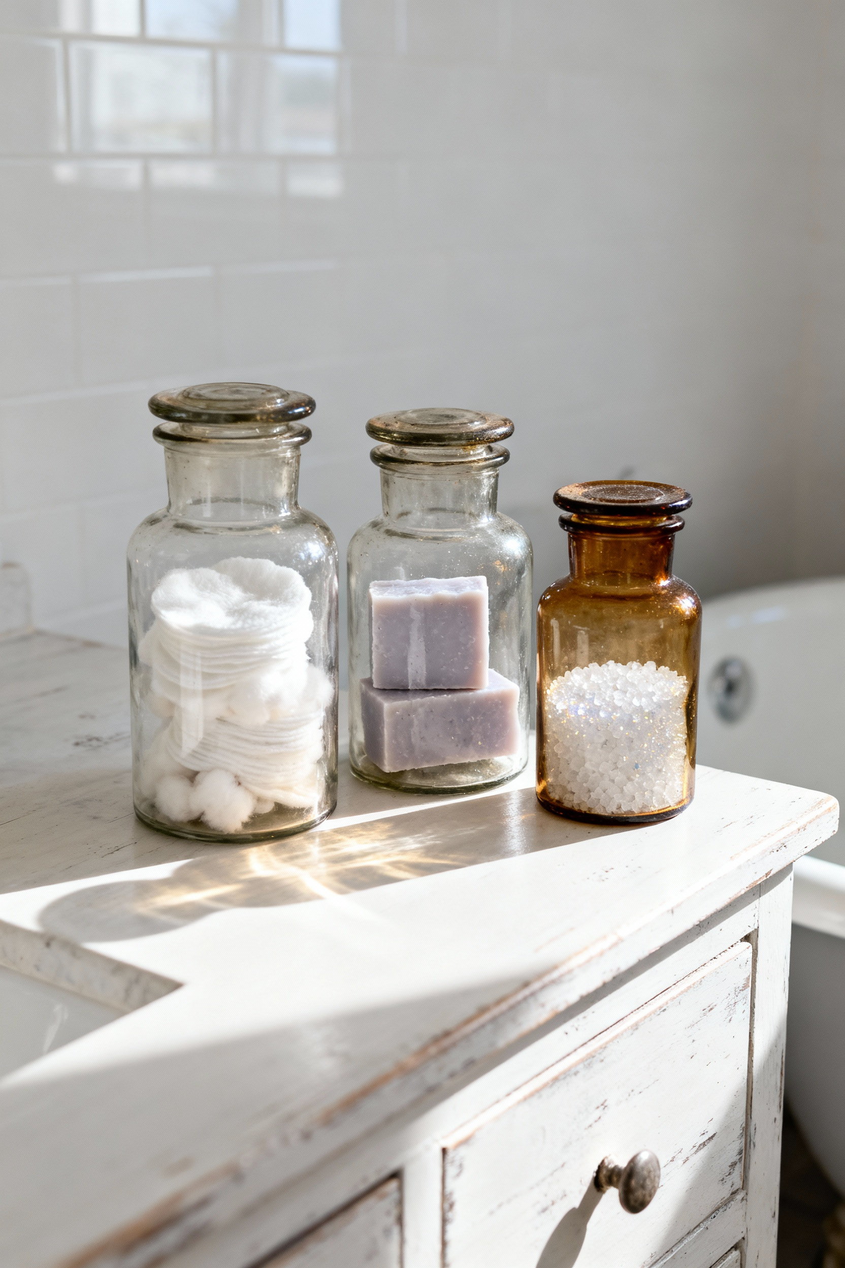 Aesthetic display of three vintage apothecary jars—clear and amber glass—filled with cotton rounds, artisanal soap, and bath salts on a white wood farmhouse bathroom vanity.