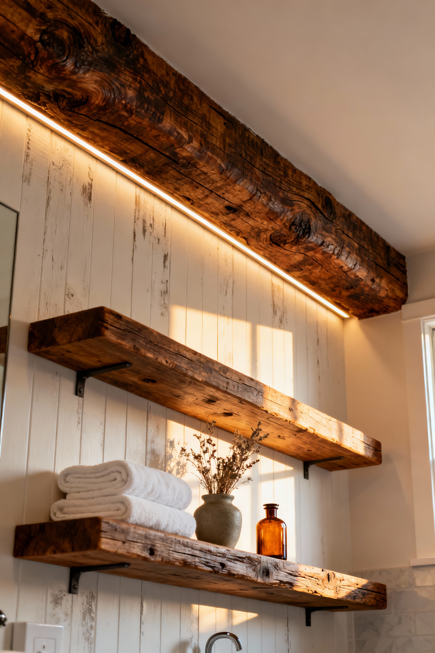 A farmhouse bathroom showcasing a majestic reclaimed oak beam on the ceiling and thick floating reclaimed wood shelves on a white shiplap wall, styled with towels and botanicals.
