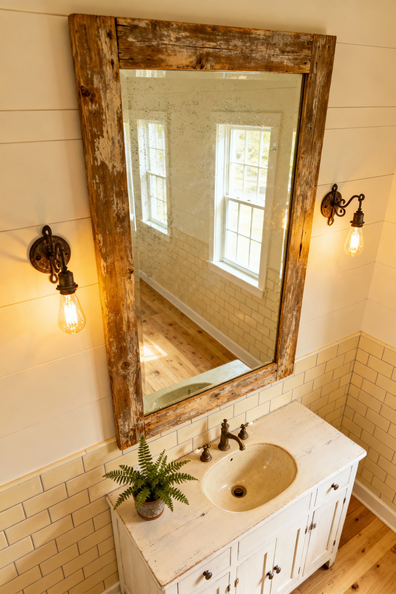 Strategically placed vintage pine-framed mirror over a farmhouse vanity in a rustic bathroom, reflecting natural light and enhancing spatial volume.
