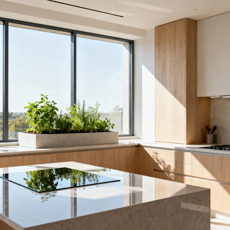 A bright, modern kitchen featuring large windows for passive solar gain and natural lighting, with an integrated indoor herb garden. Illustrates sustainable kitchen design for energy efficiency.