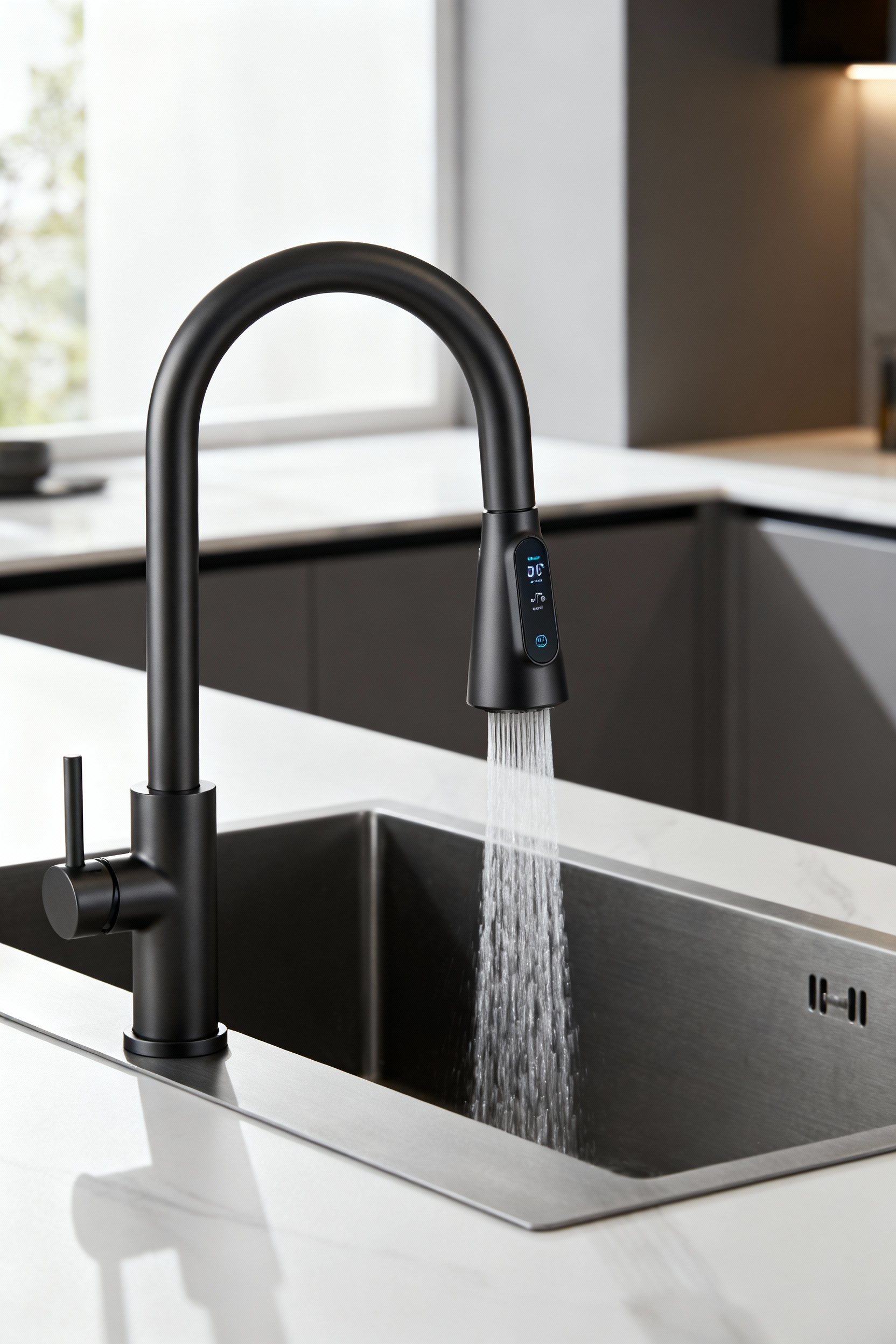 Modern kitchen with a high-tech smart faucet demonstrating flow control and temperature memory, sleek design, water efficiency