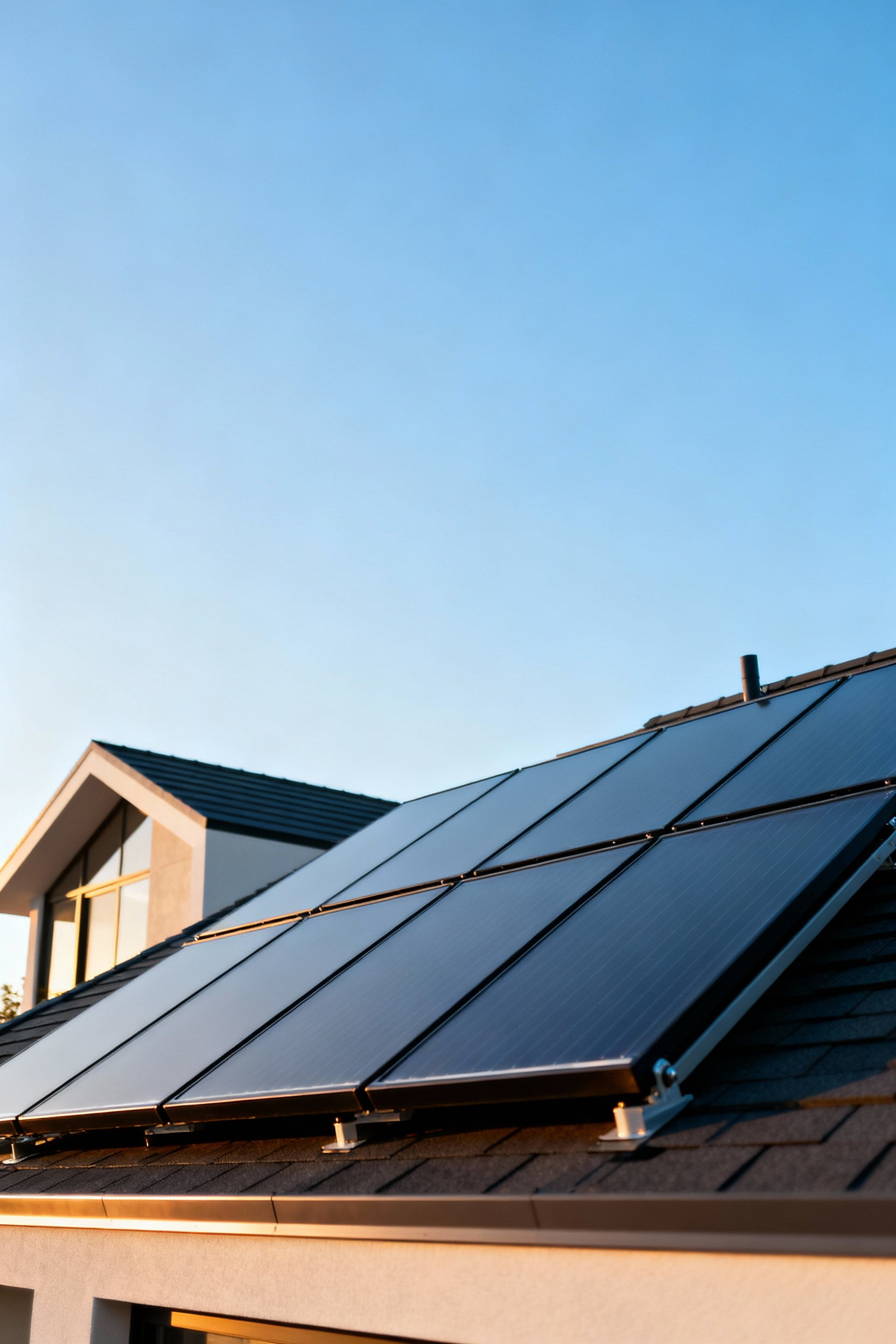 A sleek, modern flat-plate solar thermal collector panel seamlessly integrated onto a contemporary rooftop, glowing under the morning sun, symbolizing efficient hot water generation.