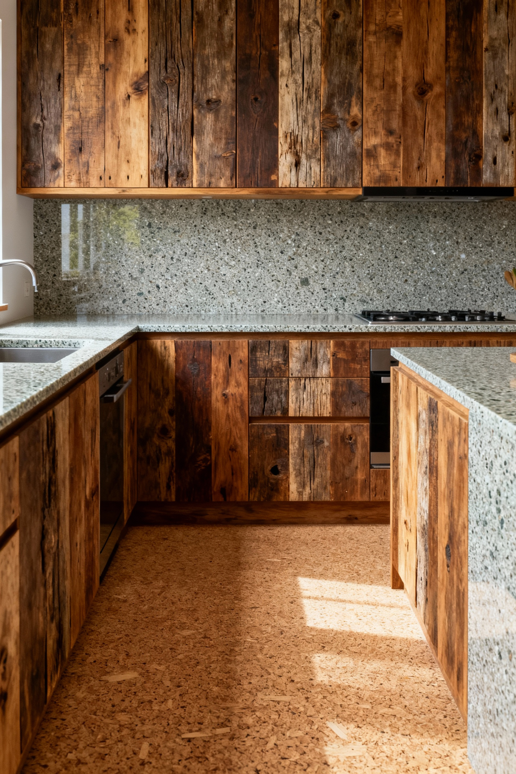 Kitchen featuring reclaimed barn wood cabinets, recycled glass countertops, and cork flooring, showcasing low-VOC and sustainably sourced building materials in a bright, modern setting.