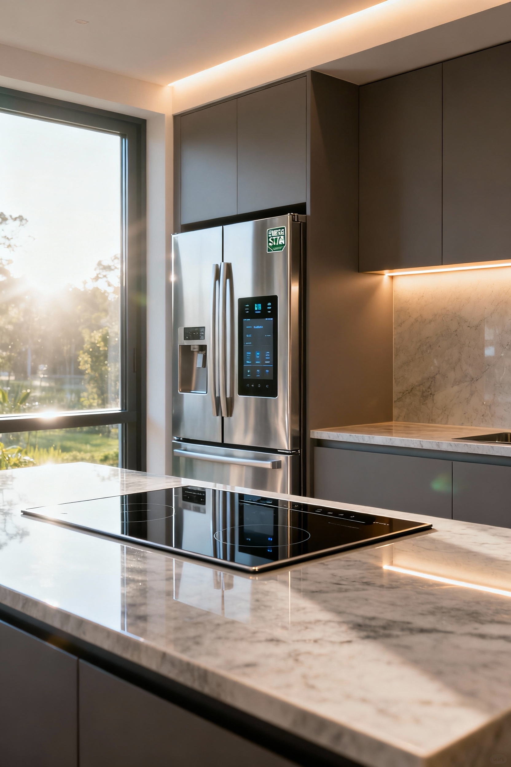 Modern kitchen featuring seamlessly integrated, sleek stainless steel smart appliances including an Energy Star certified refrigerator and an induction cooktop, bathed in natural light, showcasing reduced consumption through smart technology.
