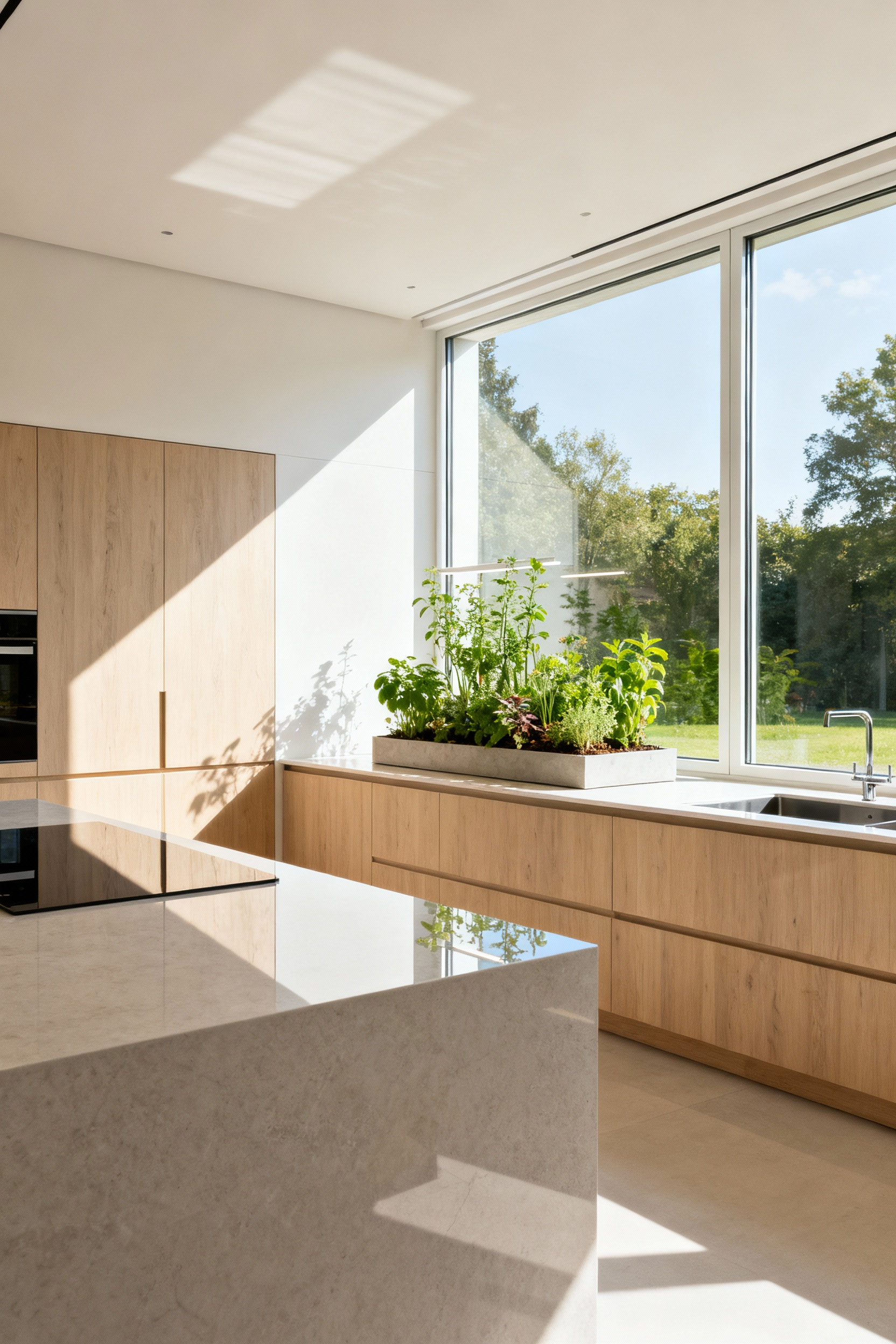 A bright, modern kitchen featuring large windows for passive solar gain and natural lighting, with an integrated indoor herb garden. Illustrates sustainable kitchen design for energy efficiency.