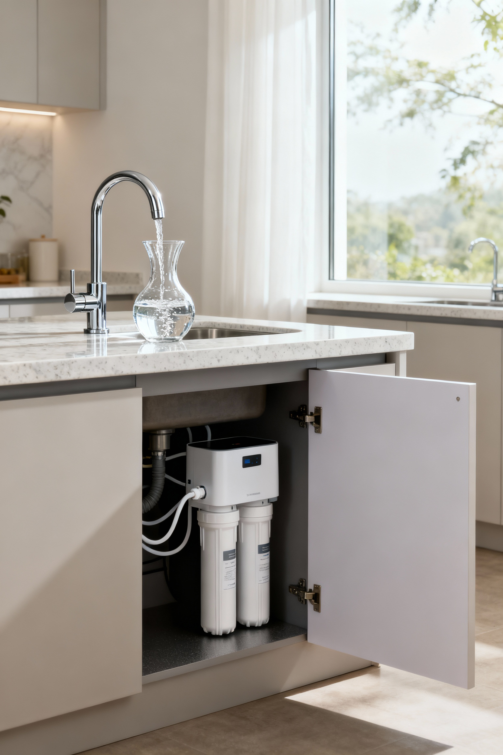 A pristine modern kitchen showing a dedicated water filtration faucet dispensing water into a glass carafe, with a glimpse of the sleek under-sink filter system.