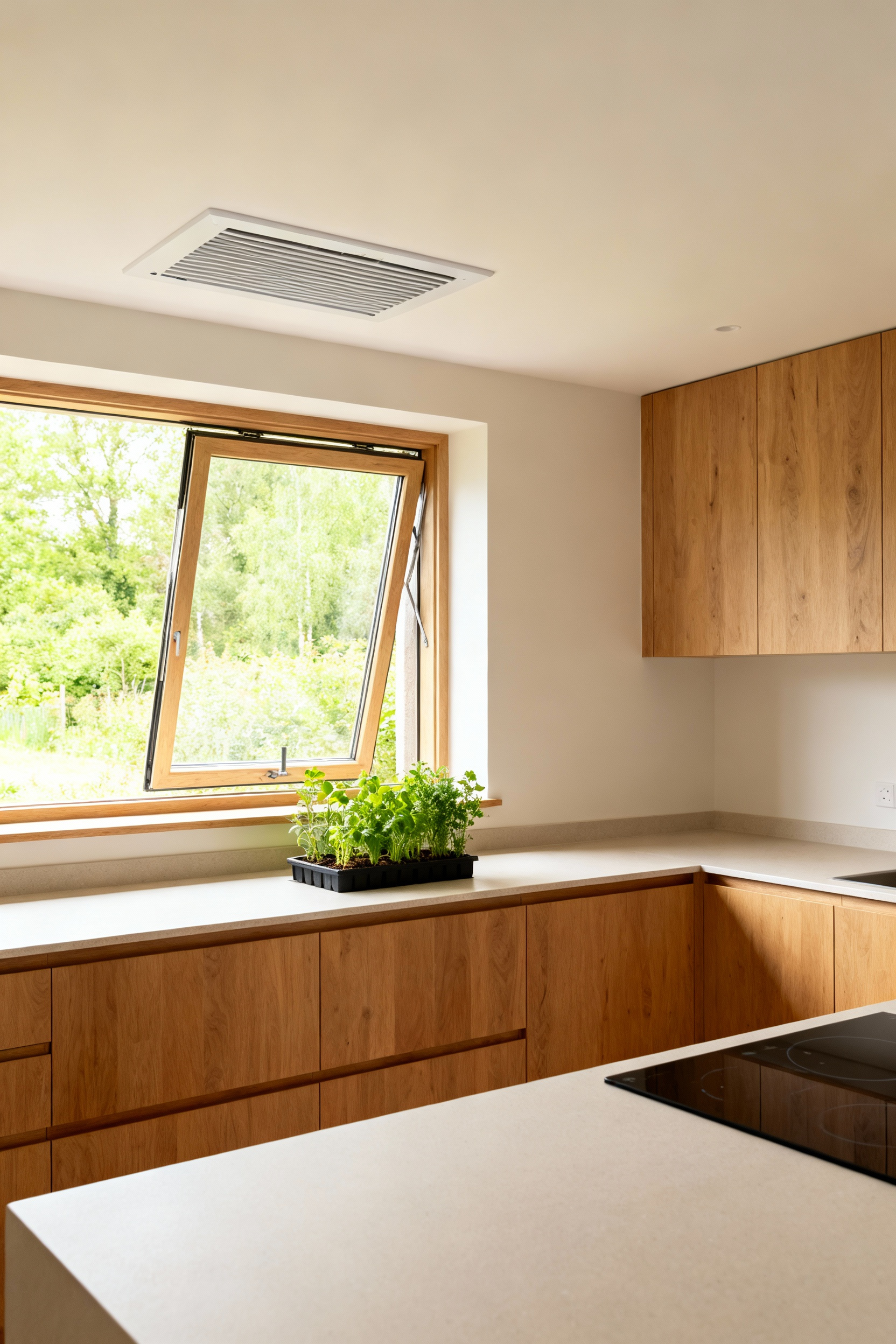 Modern kitchen with large open window and subtle ceiling vent, showcasing climate-responsive passive and active ventilation strategies for improved air quality and thriving indoor plants.