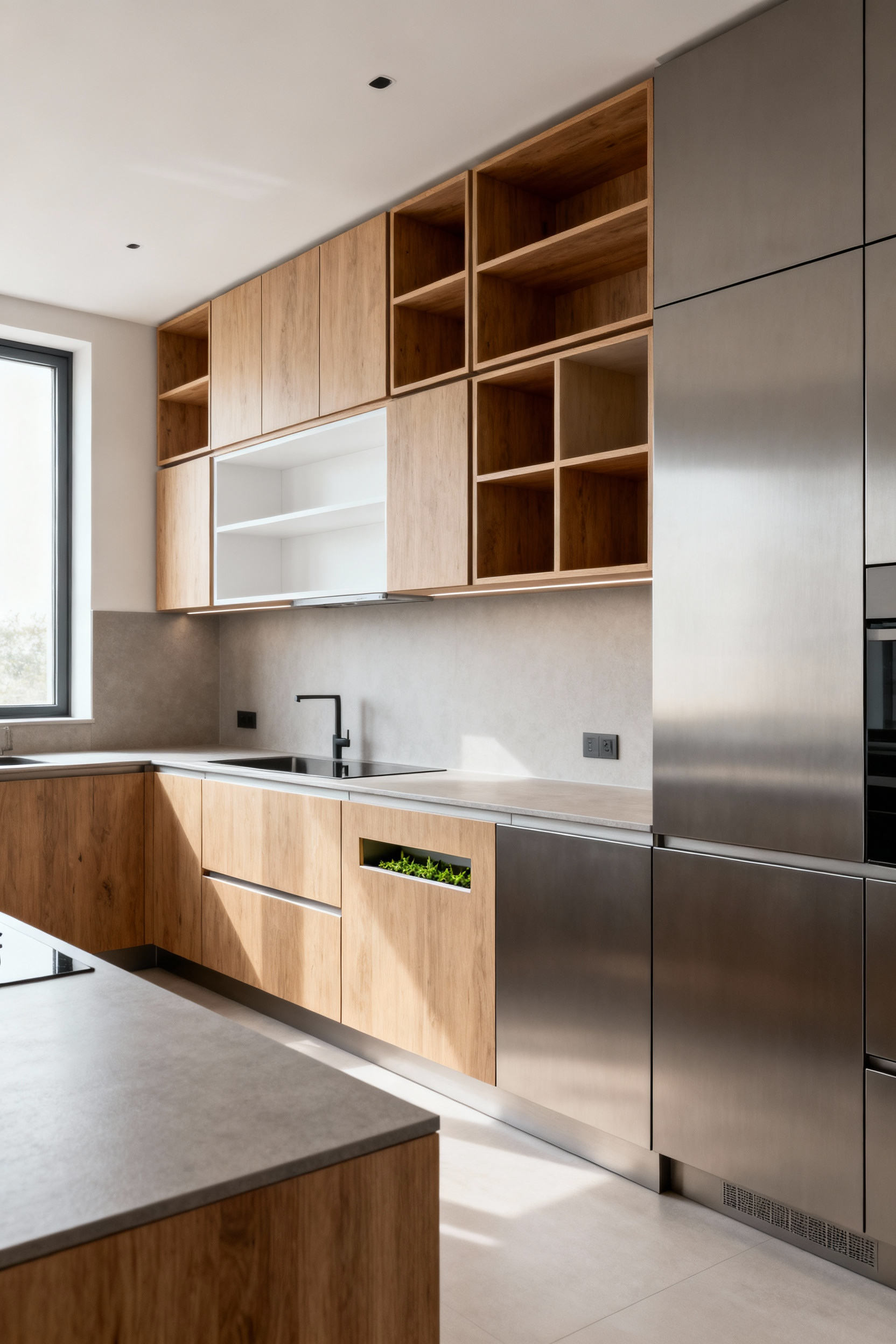 A modern kitchen featuring adaptive cabinetry and modular storage systems, designed for future flexibility and integration of smart kitchen elements.