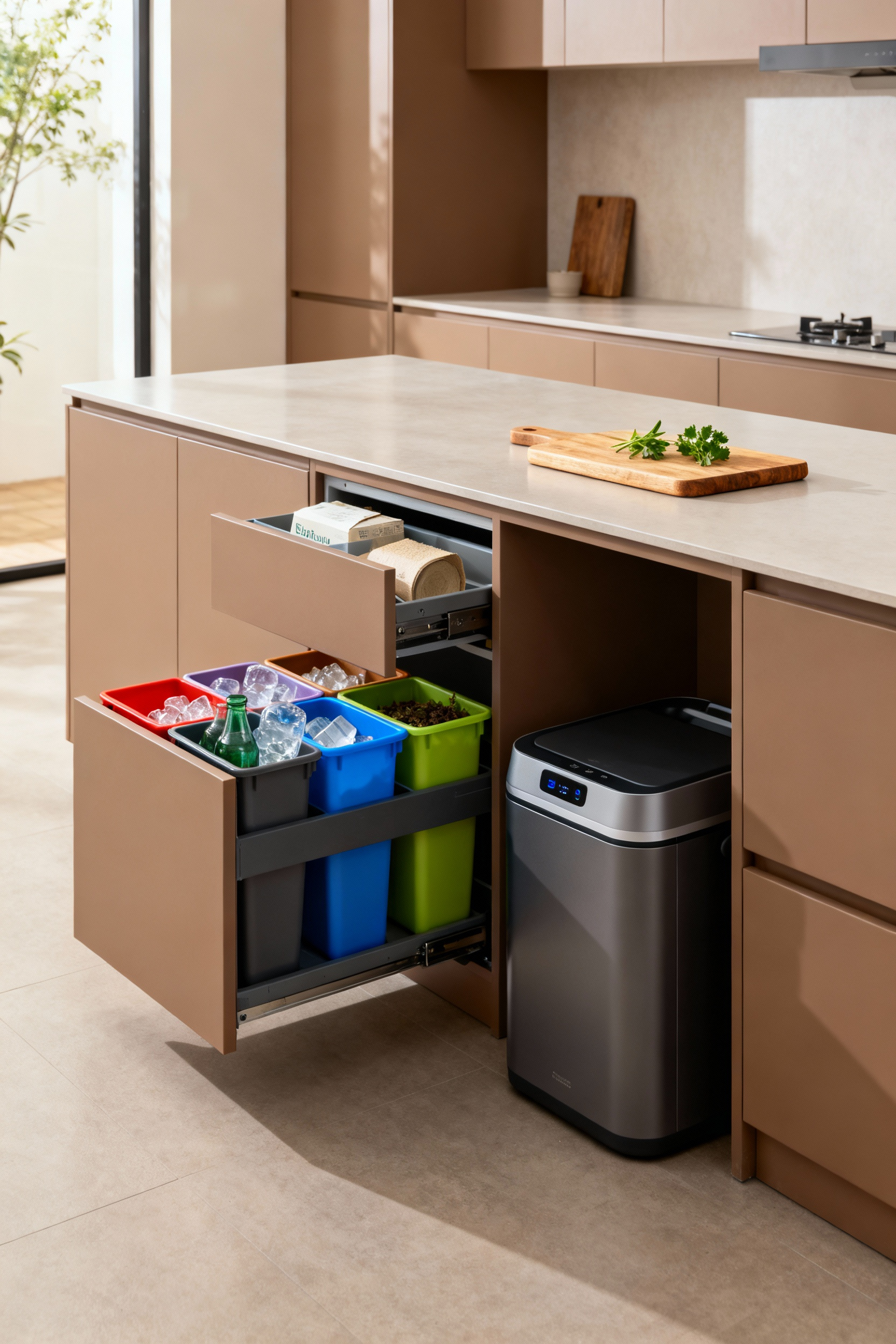 Modern kitchen with integrated pull-out recycling bins and compact electric composter.