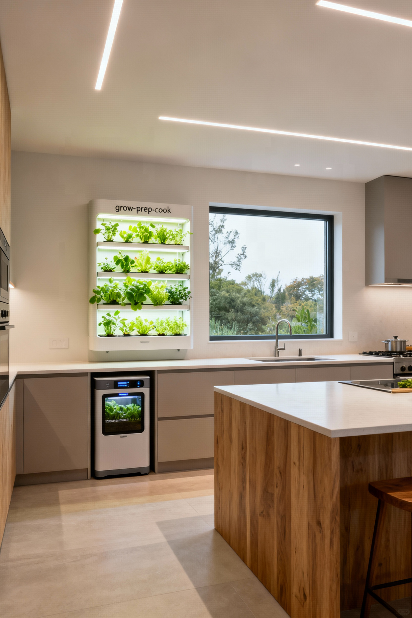 A modern kitchen interior designed with a strategic sustainable layout, featuring an integrated vertical hydroponic garden, sleek countertops, efficient zoning, and smart waste management systems for optimal workflow and resource minimization, bathed in natural light.