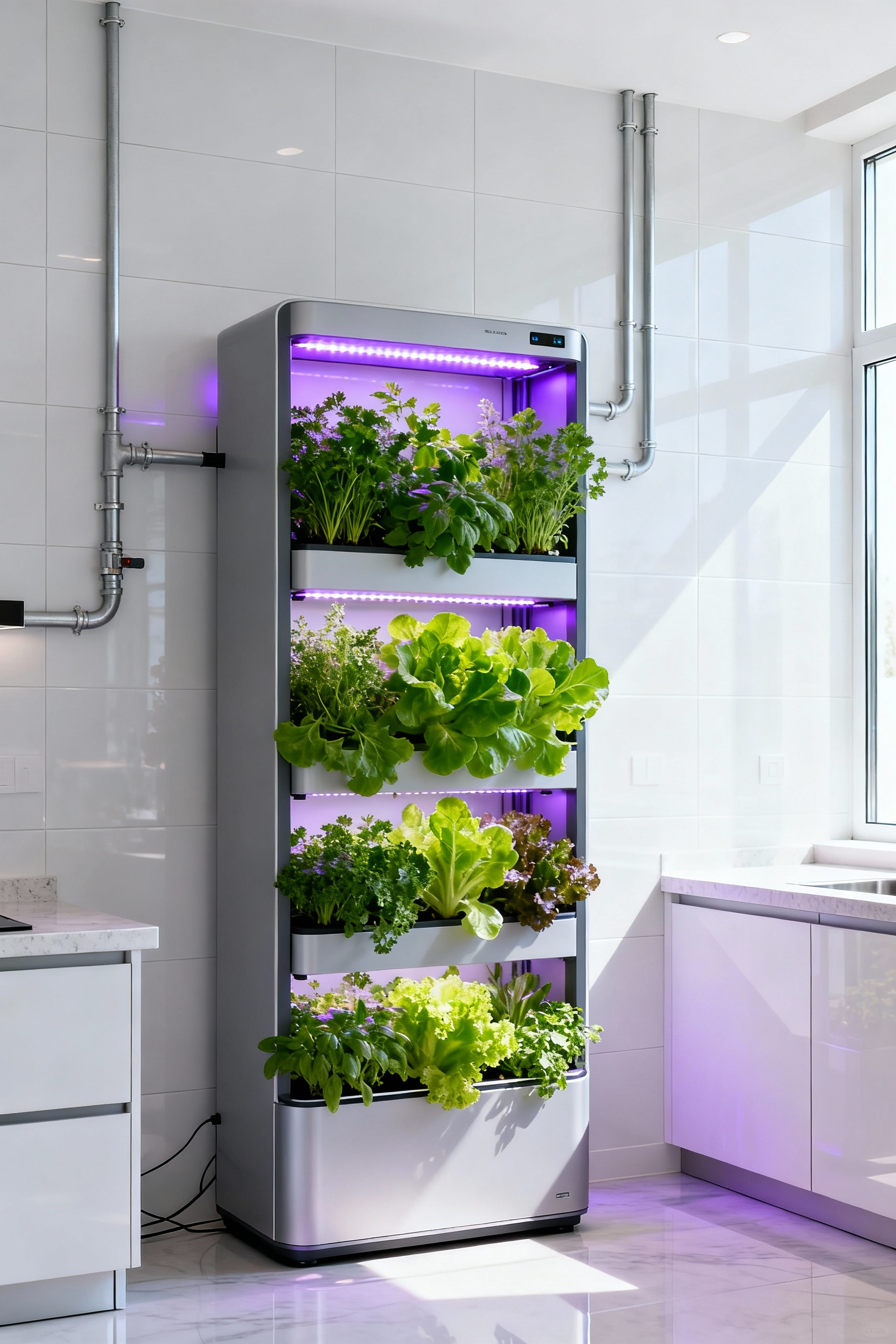 A modern kitchen with a vertical indoor hydroponic cultivation zone growing fresh green herbs and leafy vegetables under LED lights.