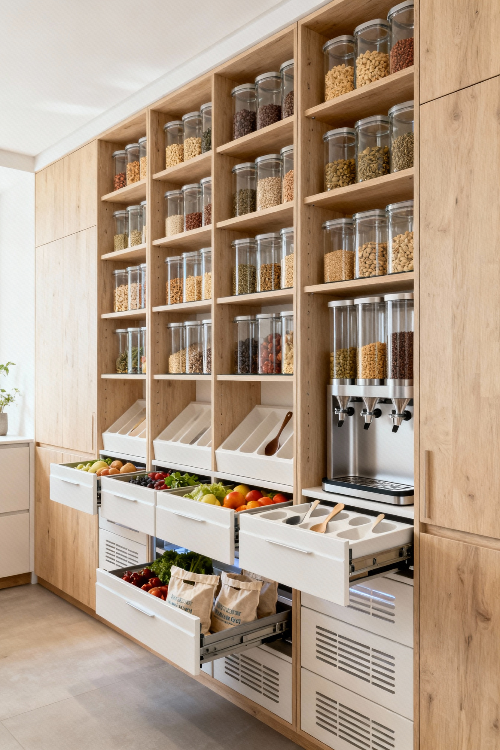Integrated, high-efficiency pantry system with organized bulk storage, glass containers, pull-out shelves, and cool drawers, designed for zero-waste kitchen