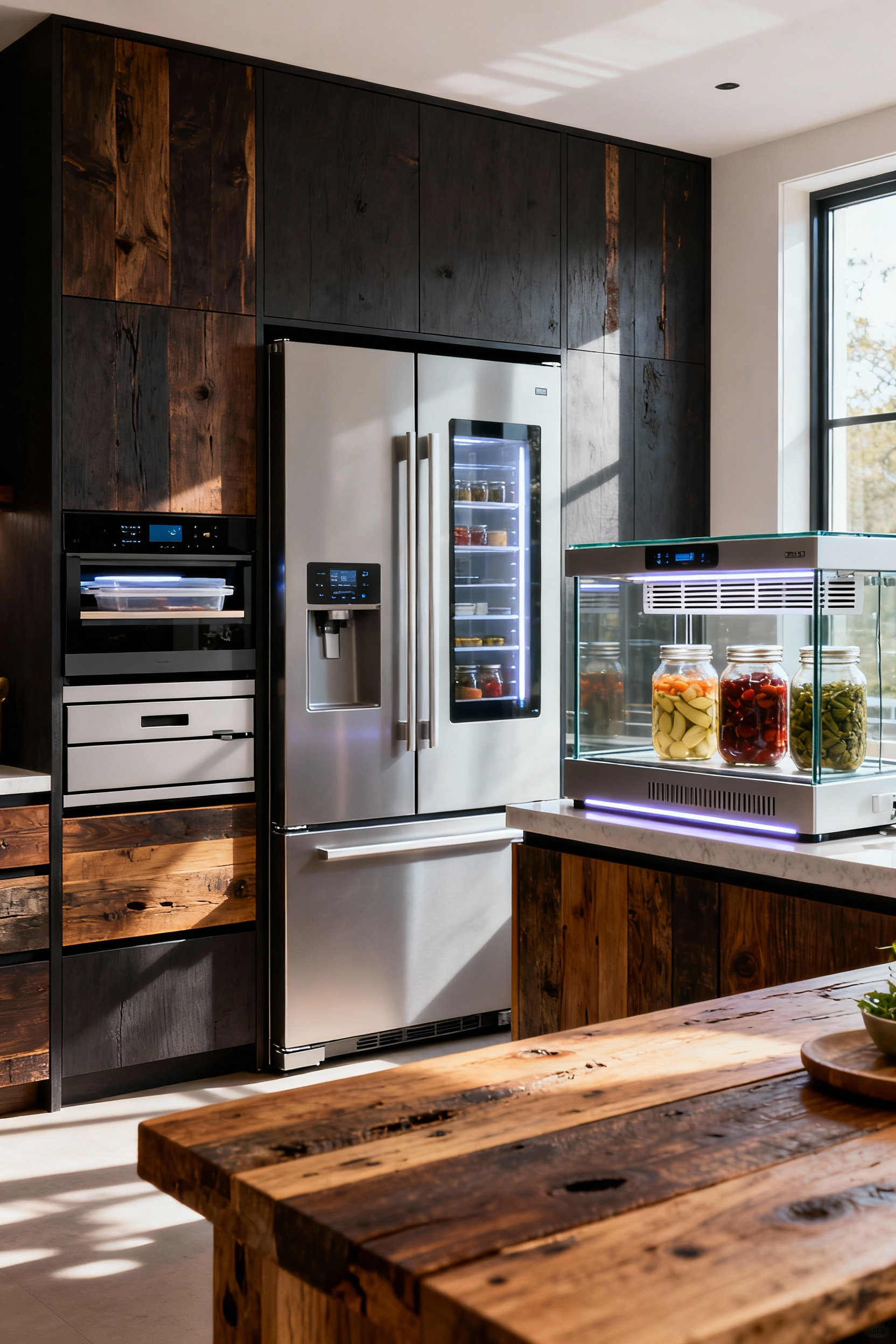A modern kitchen featuring an integrated intelligent food preservation hub, showcasing a smart refrigerator, vacuum sealing station, and fermentation unit built into dark wood cabinetry with natural light.