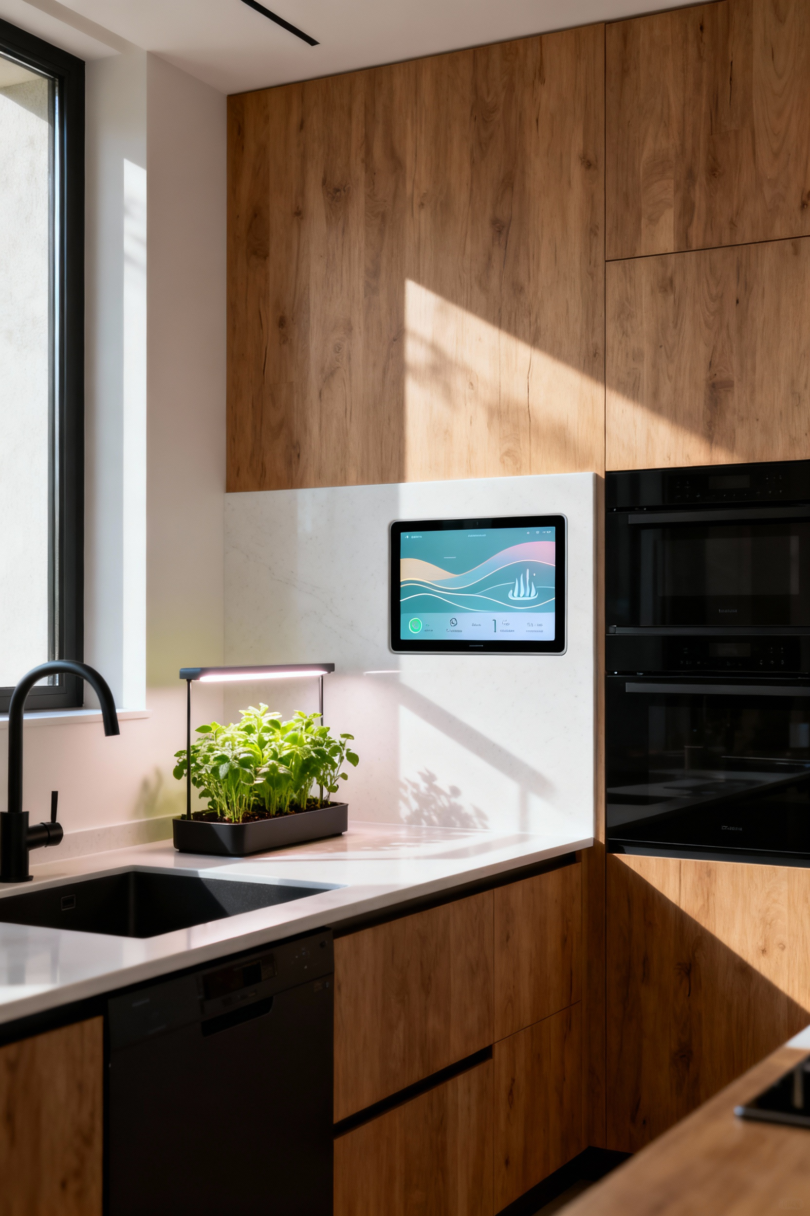 Modern kitchen with an integrated smart display showing abstract energy and water usage graphics, promoting smart energy & water monitoring for sustainability.