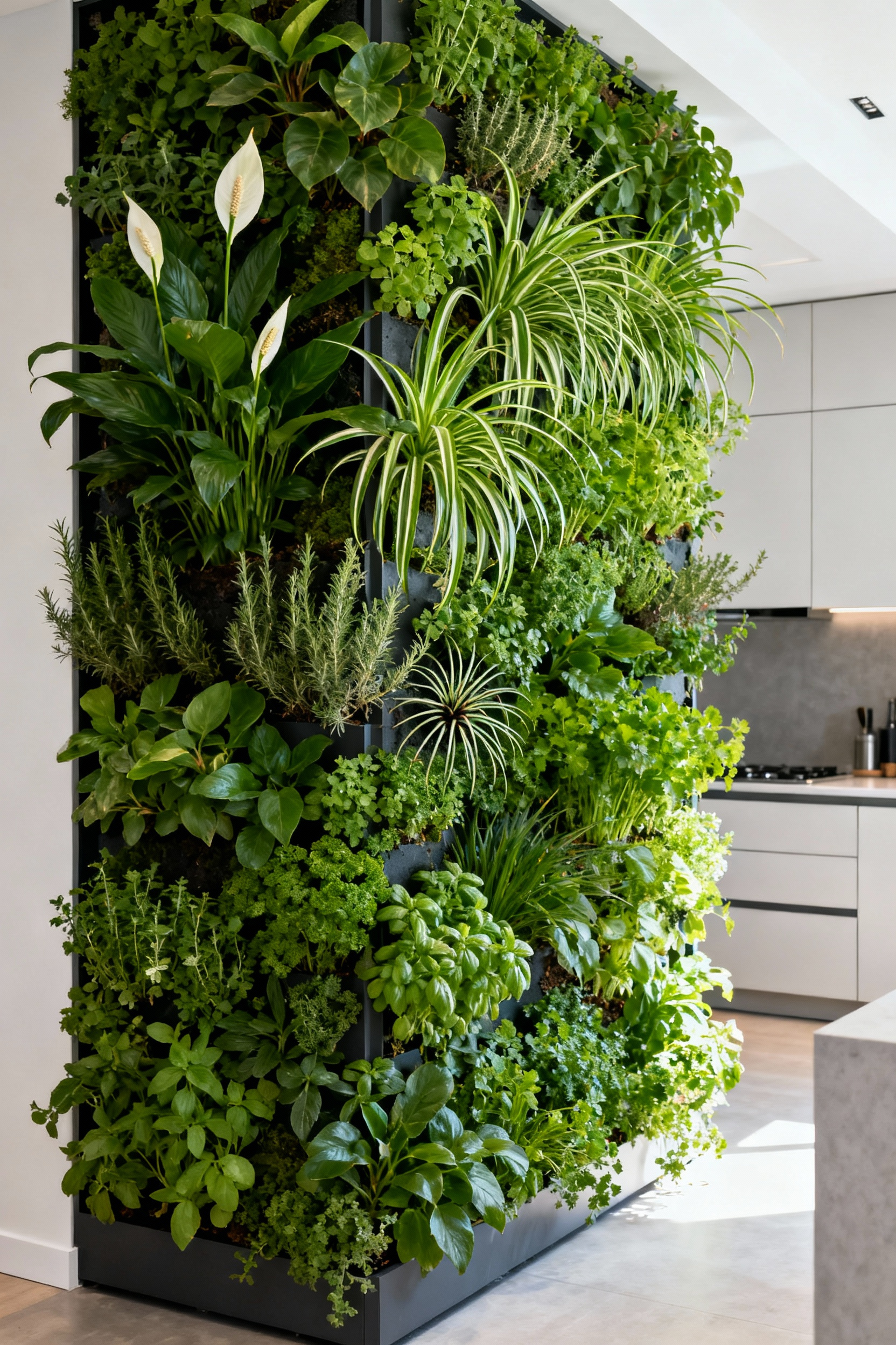 Modern kitchen with a vibrant vertical living wall garden, featuring lush green plants for air purification and biophilic design.