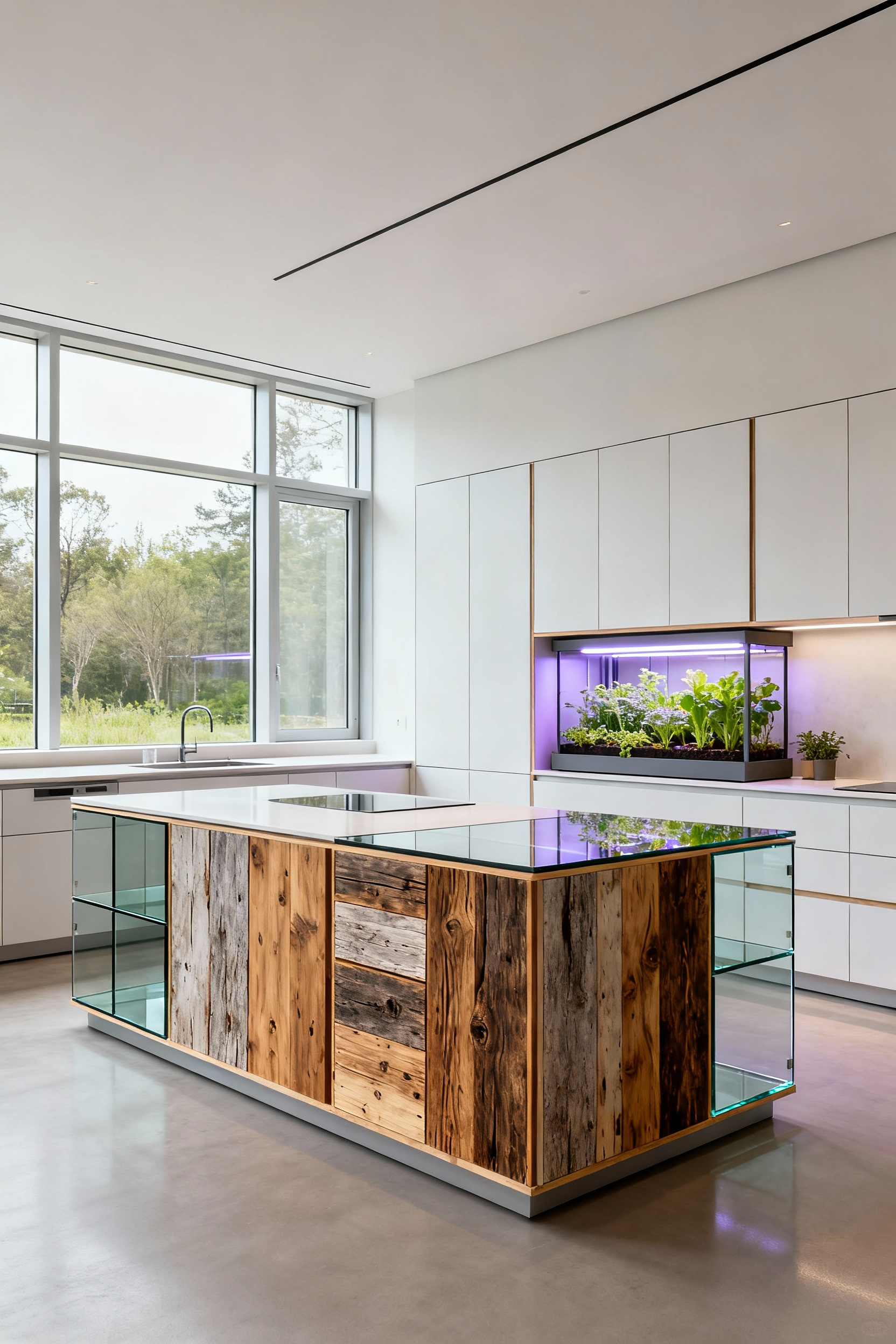 A modern, minimalist kitchen showcasing modular cabinets and island, with a discreet integrated plant module for future adaptability.