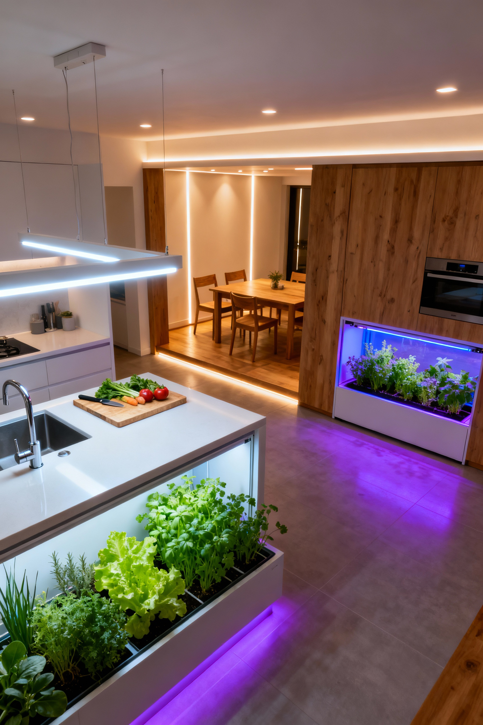 Modern kitchen with dynamic zoned LED lighting, showcasing bright task lighting, warm ambient lighting, and an integrated LED-lit indoor herb garden.