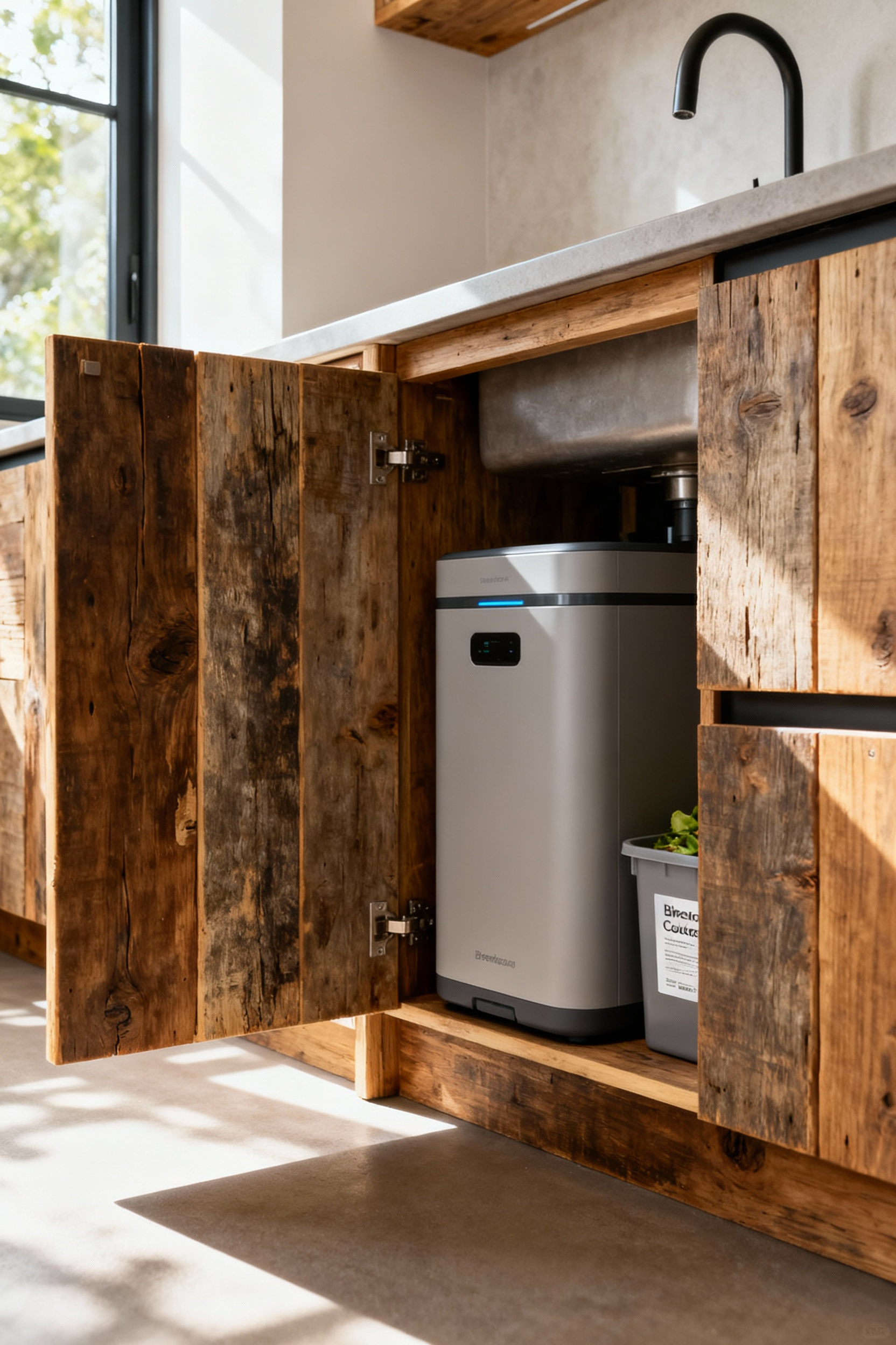 Compact under-sink bioremediation system integrated into a modern kitchen cabinet for organic waste processing and sustainable living.