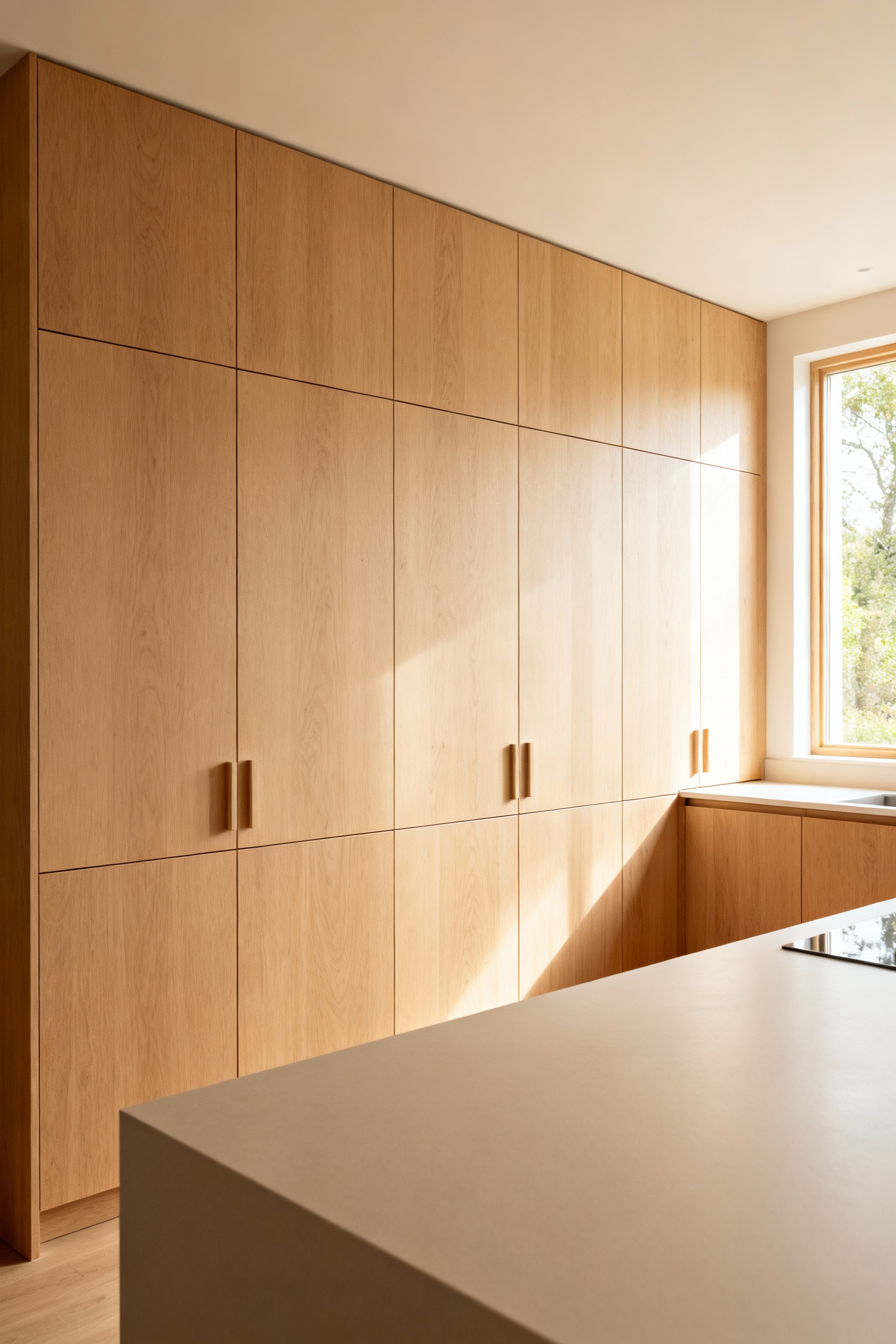 Elegant kitchen with light wood custom cabinetry, certified sustainable and non-toxic, bathed in natural light.