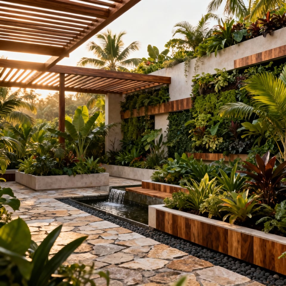 Luxurious biophilic balcony with layered tropical plants, vertical garden, reclaimed stone, and wooden accents, showcasing inherent connectivity and sustainable design principles in an urban setting.