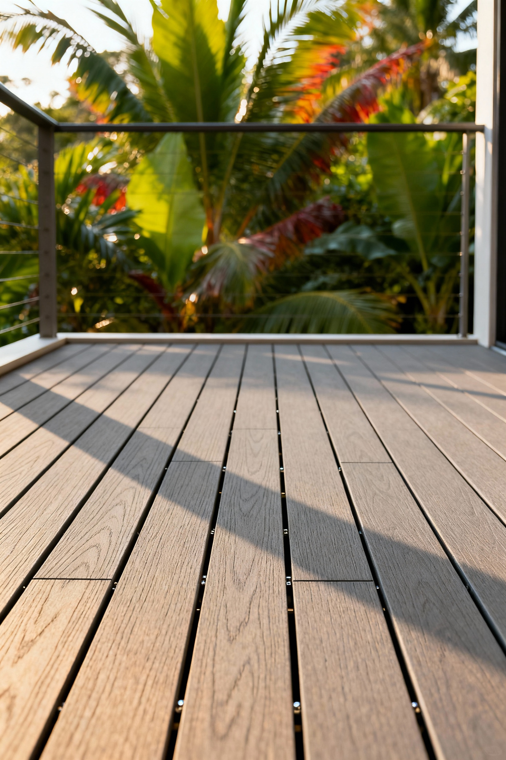 A beautiful, modern balcony floor made of renewable composite decking with a textured, wood-grain appearance, hinting at a robust underlying substructure, bathed in soft sunlight.