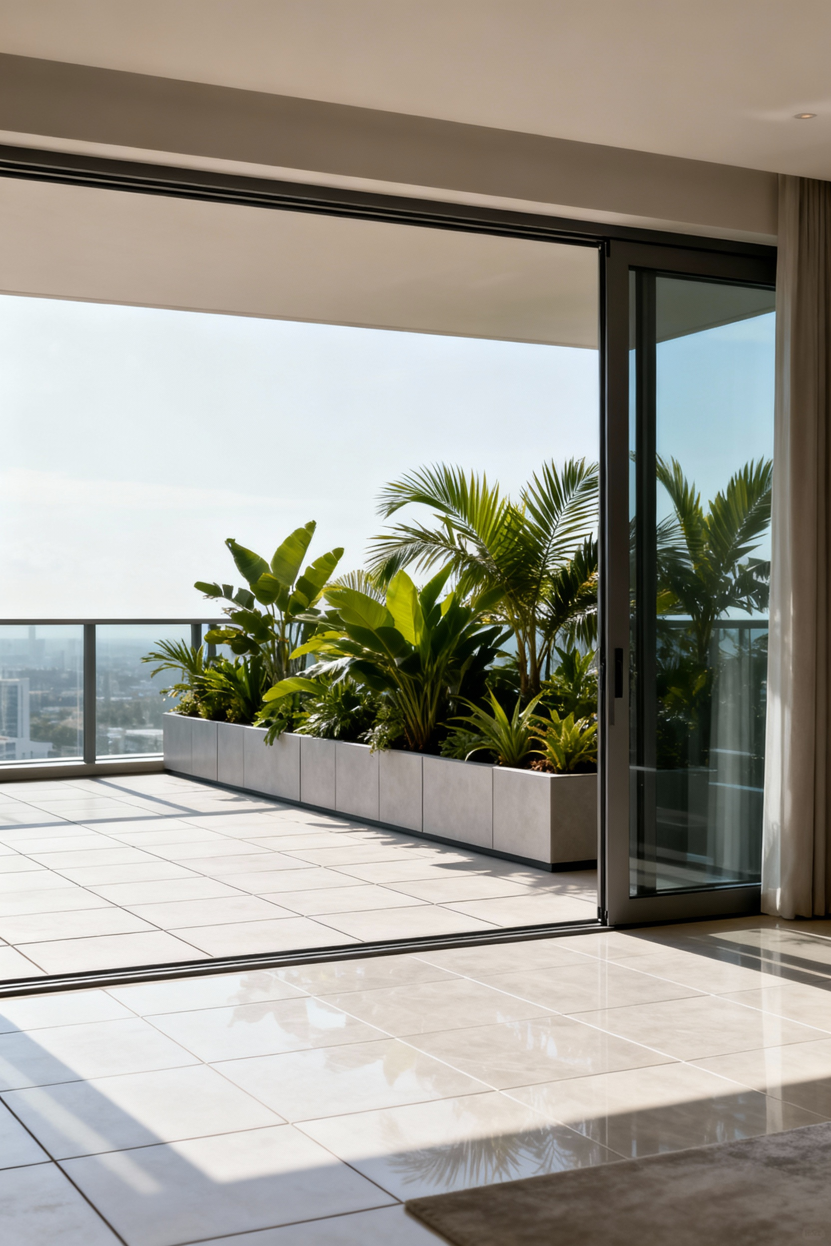 Modern luxury balcony with fully open sliding glass doors, showcasing seamless floor transition and lush integrated planters, designed for fluid indoor-outdoor living.