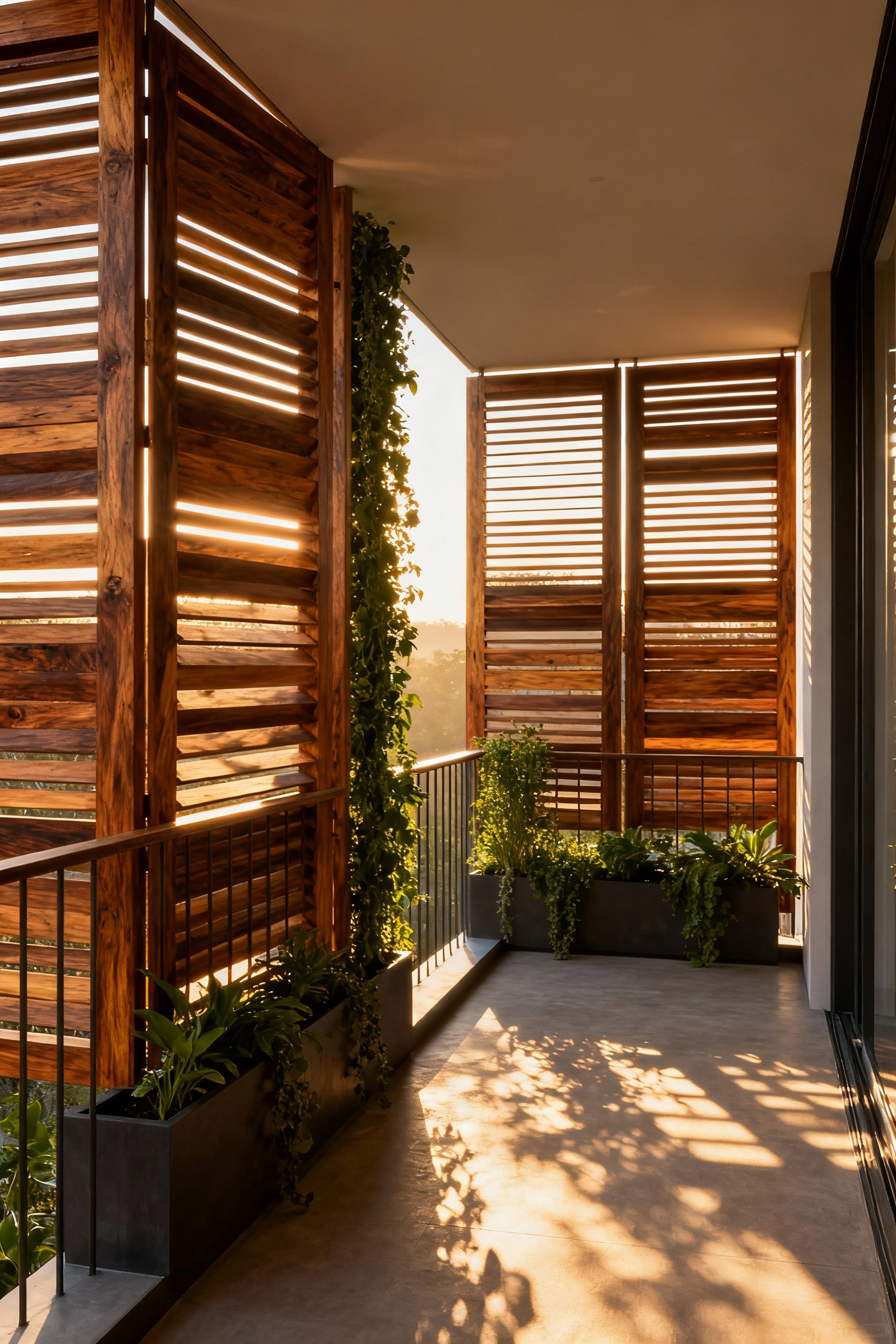 Modern balcony with partially open adaptive louvered screens made of reclaimed tropical hardwood, casting dappled light. Vertical greenery integrated with screens. Focus on privacy and biophilic design.