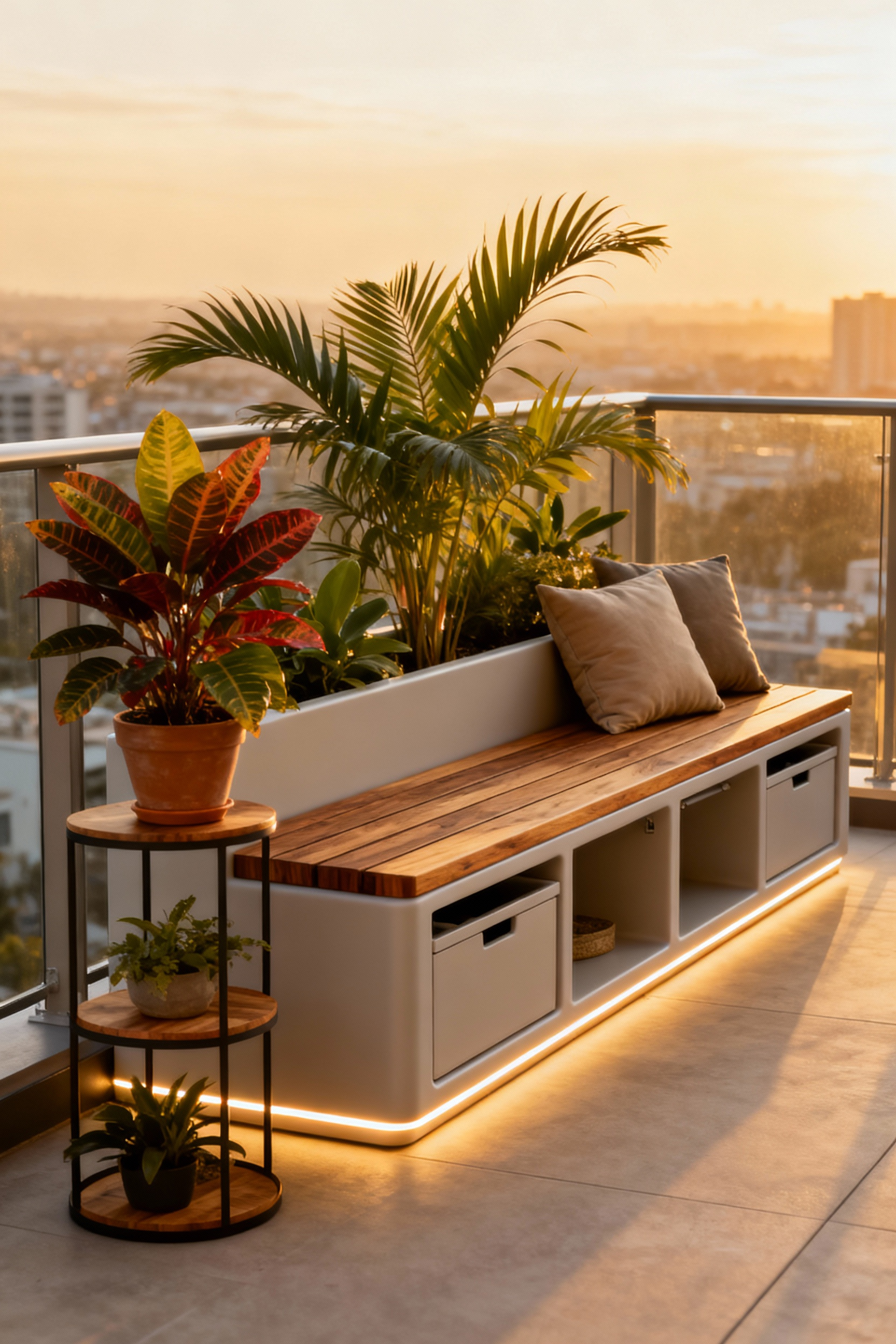 Luxury urban balcony featuring a multifunctional outdoor bench with integrated storage and plants, showcasing aesthetic versatility and efficient space utilization.