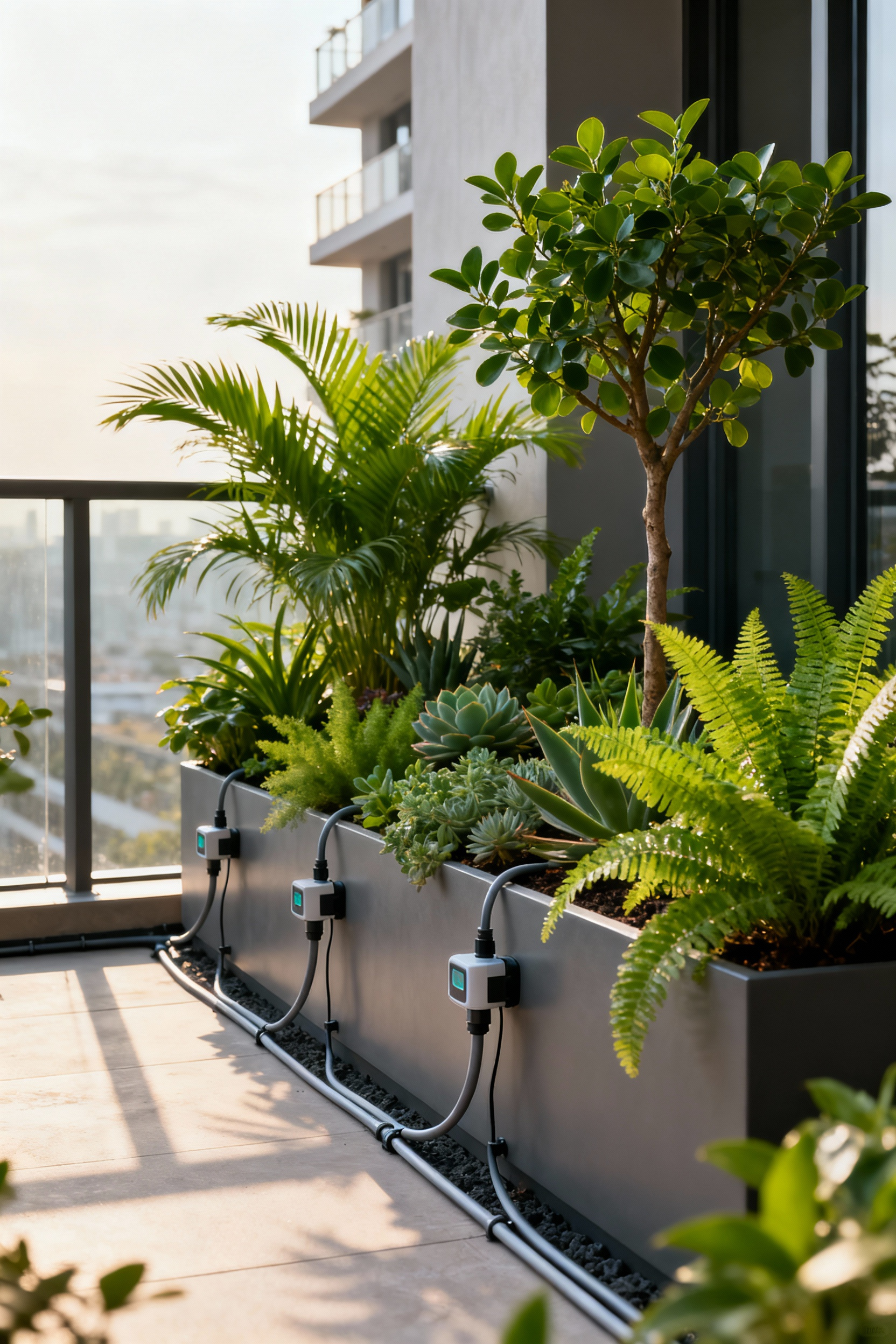 Modern balcony featuring an integrated smart irrigation system, with visible drip emitters nourishing a variety of lush green plants in designer planters.