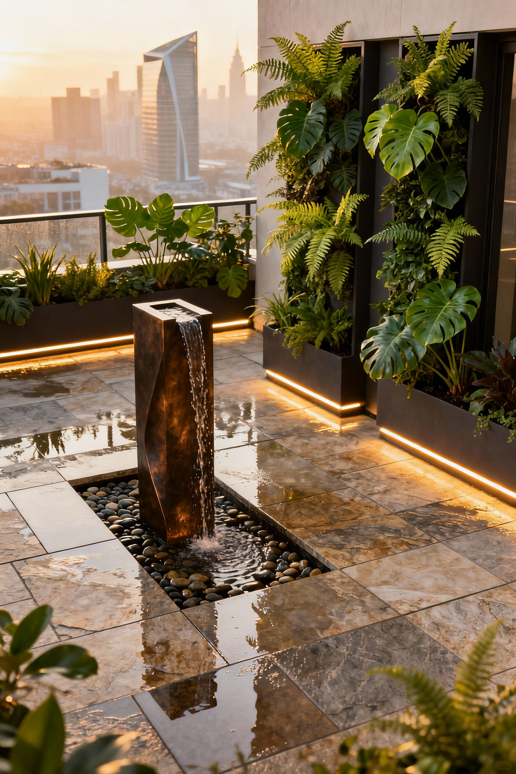 Contemporary balcony with a sleek vertical bronze sculptural water feature surrounded by lush green plants, creating a tranquil oasis in an urban setting.