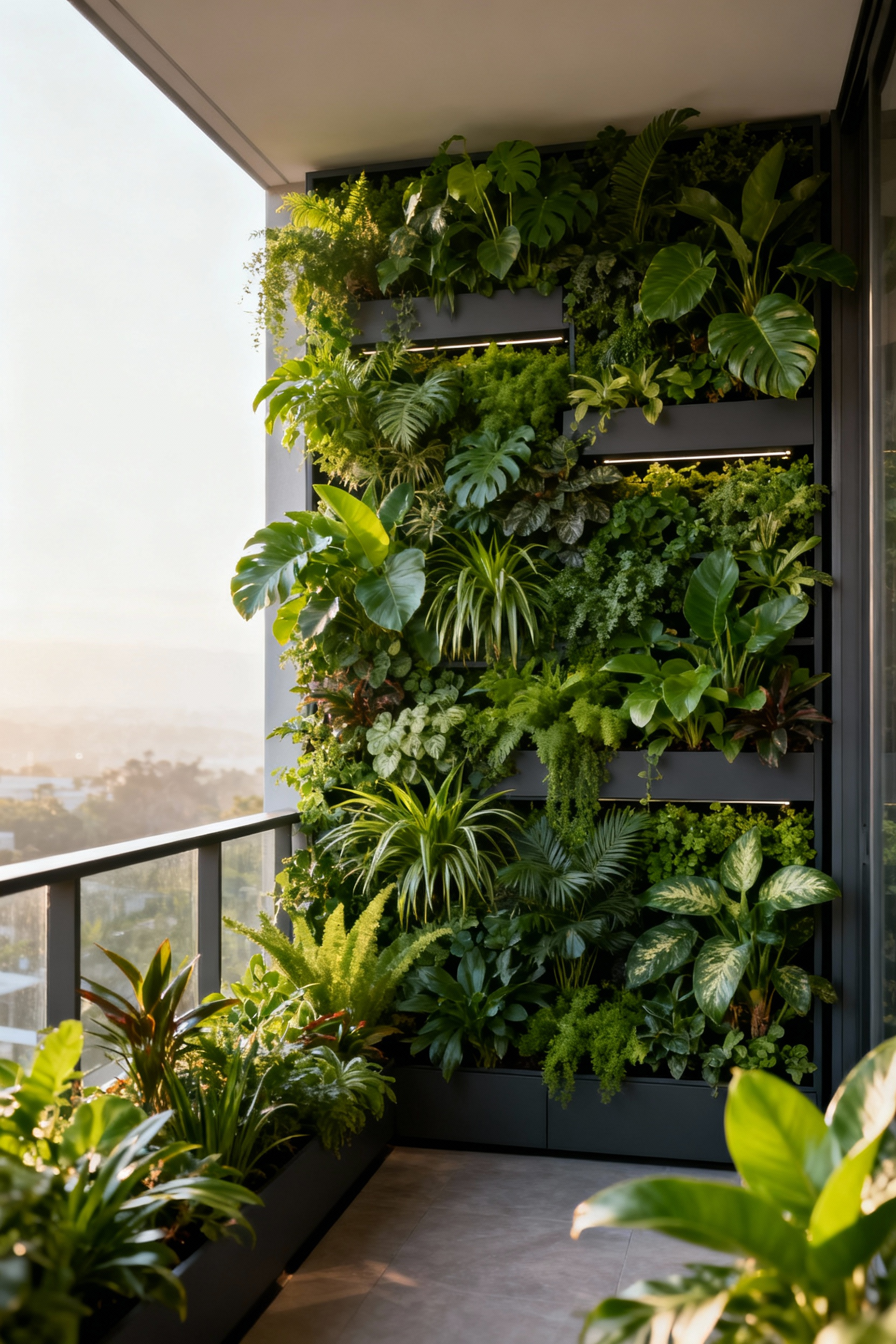 A stunning vertical greening system overflowing with lush tropical plants on a modern balcony, showcasing innovative design for maximizing green space and biophilic living.