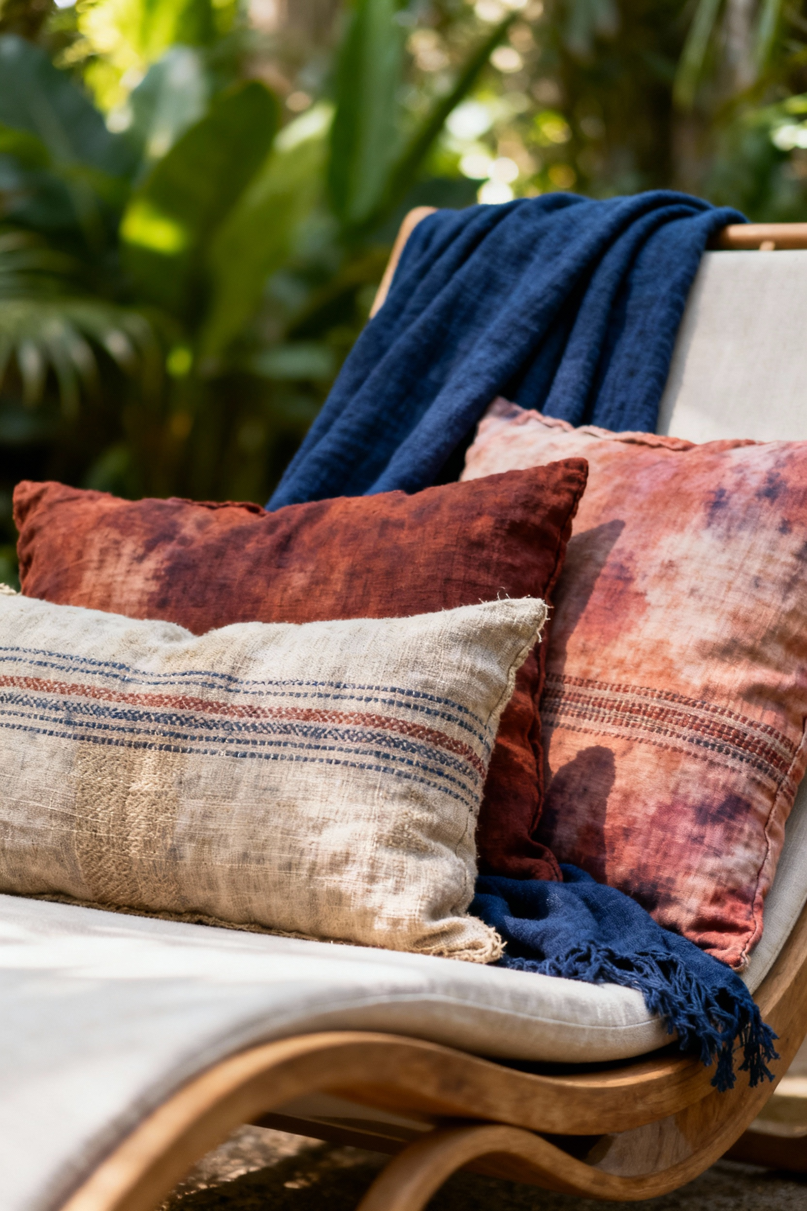 An outdoor lounge chair on a balcony draped with multiple botanical-dyed textiles in natural tones like indigo, madder, and earth brown, enhancing haptic richness and biophilic design.