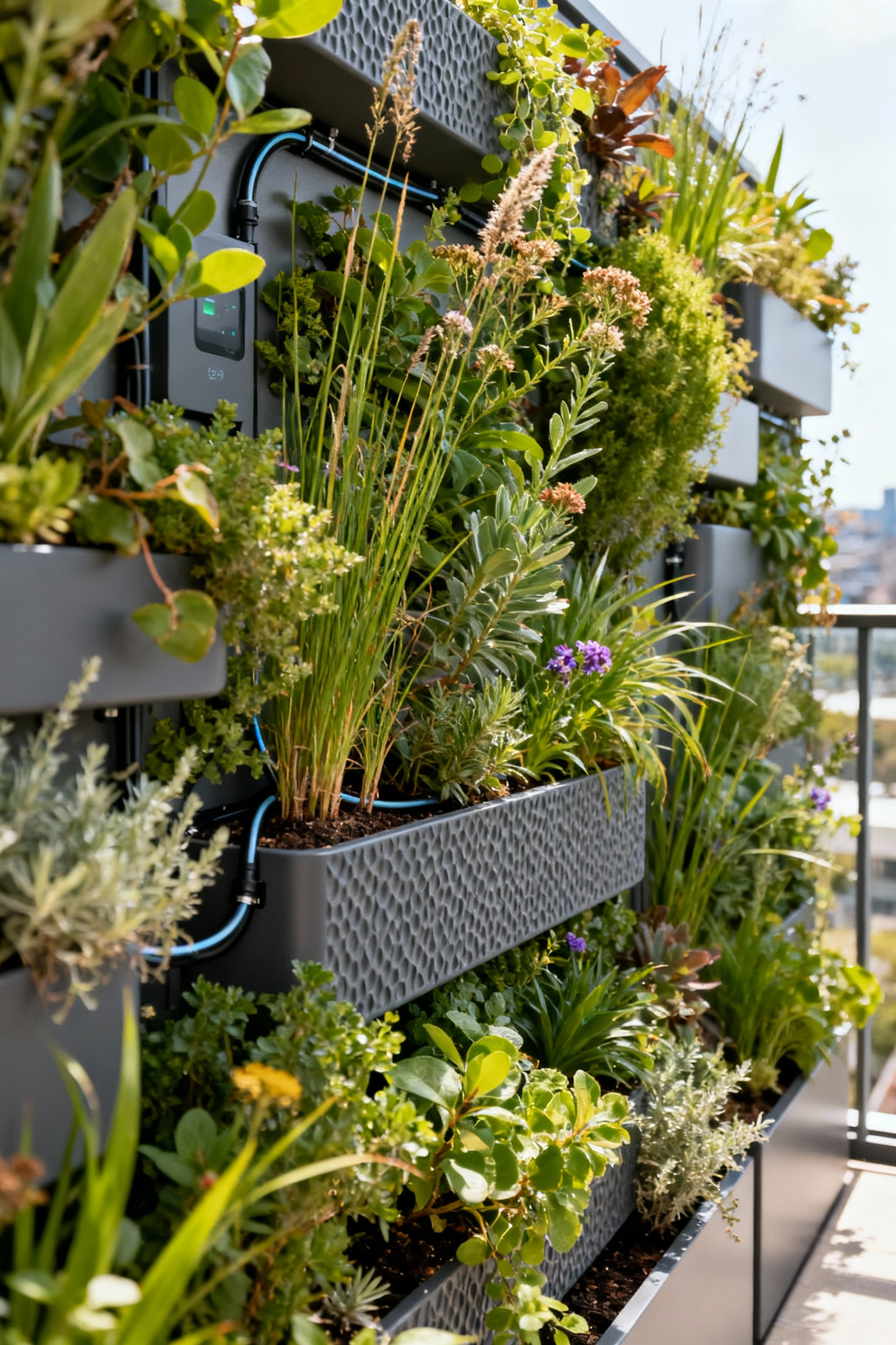 A meticulously designed balcony horticultural zone showcasing thriving bioregional flora in bespoke planters, highlighting tailored microclimates and sustainable integration.