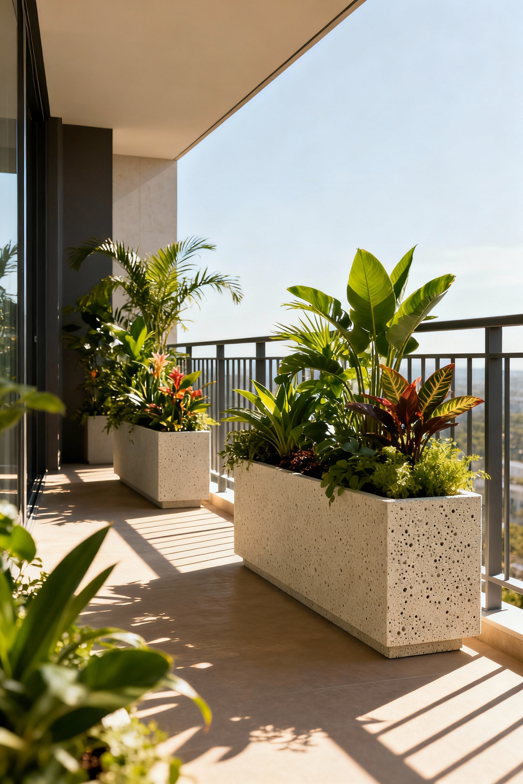 Luxury balcony with modern bioconcrete planters full of lush green plants, promoting sustainable and responsible cultivation. Professional architectural photography.
