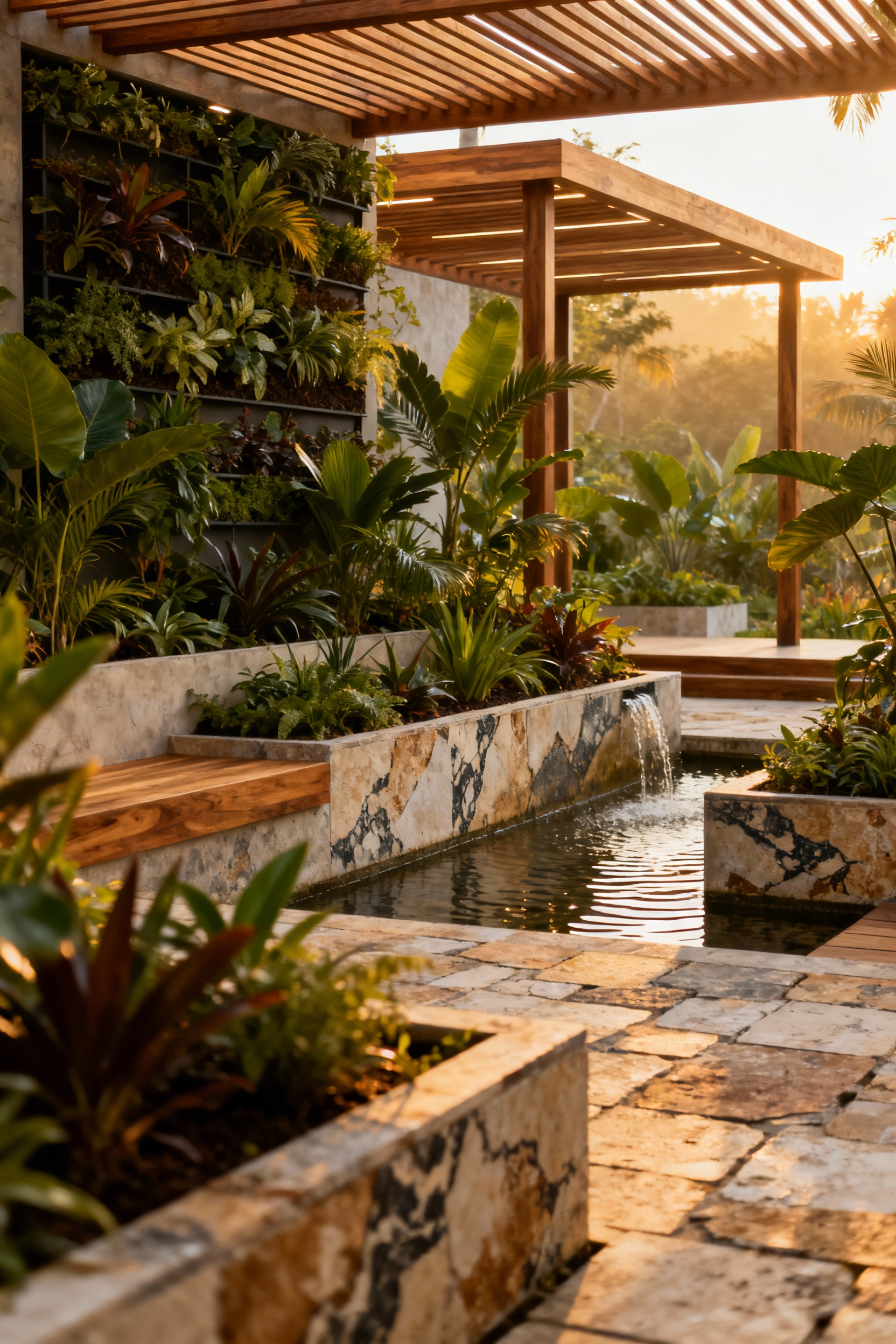 Luxurious biophilic balcony with layered tropical plants, vertical garden, reclaimed stone, and wooden accents, showcasing inherent connectivity and sustainable design principles in an urban setting.
