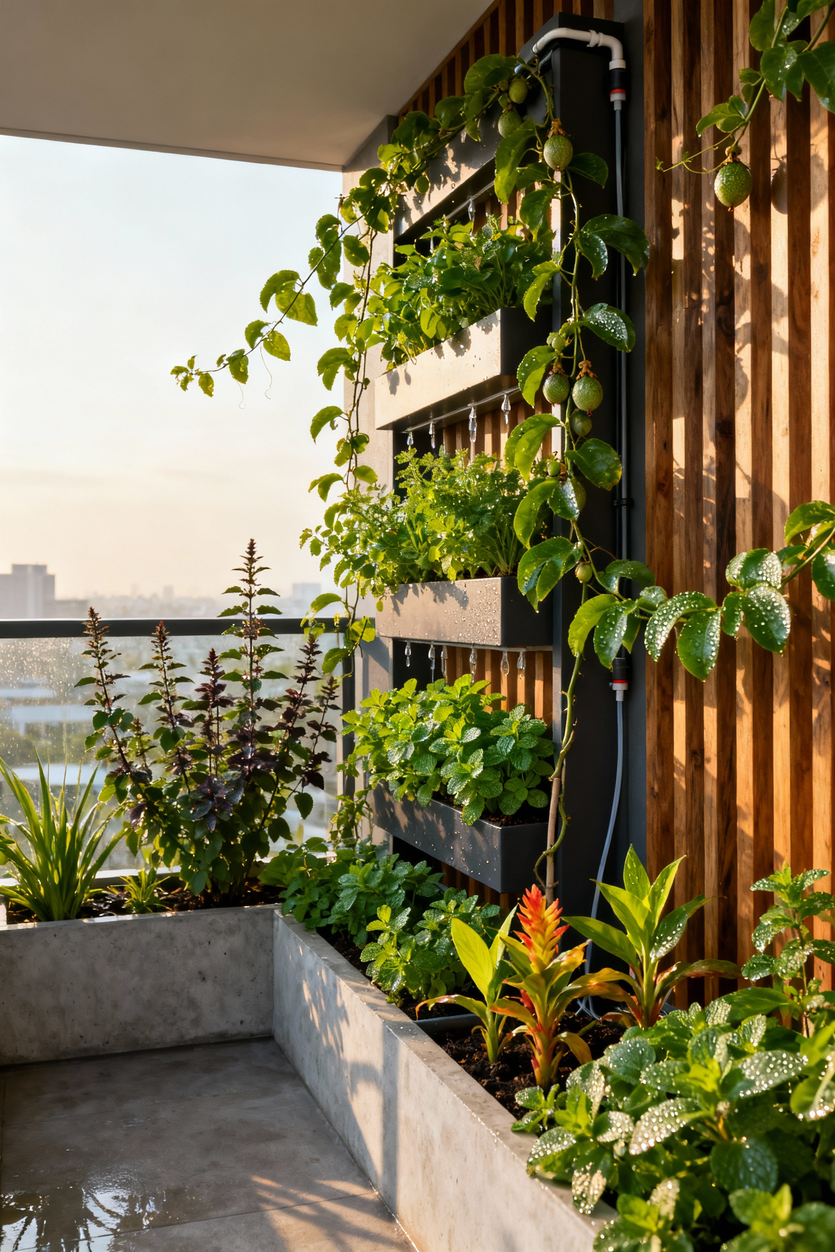 Vertical edible and medicinal garden on a balcony, featuring lush herbs and plants in sustainable planters, part of an urban apothecary project.