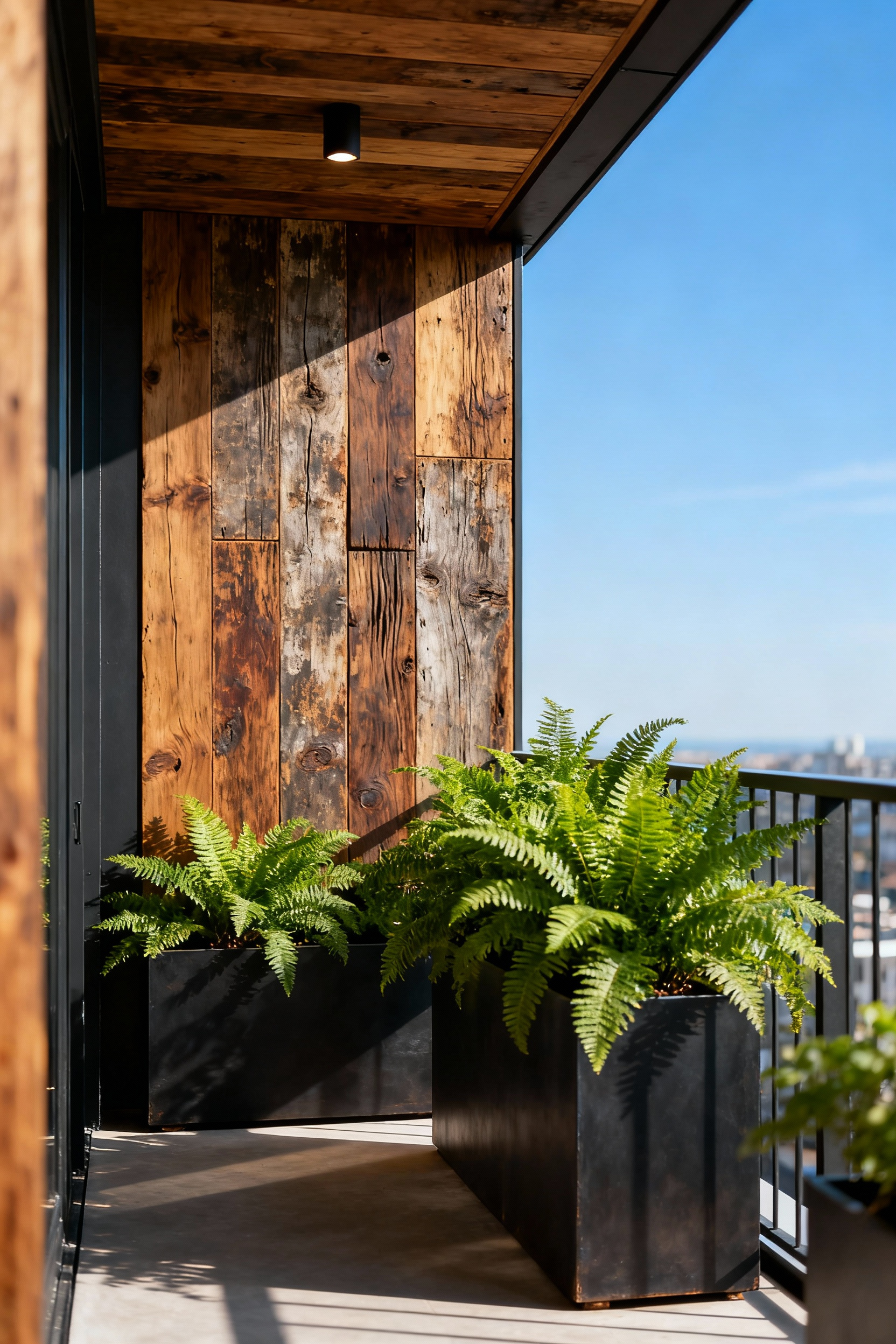 Luxurious balcony featuring a wall panel crafted from salvaged teak and reclaimed wood, showcasing natural grains and a weathered patina, complemented by lush greenery.