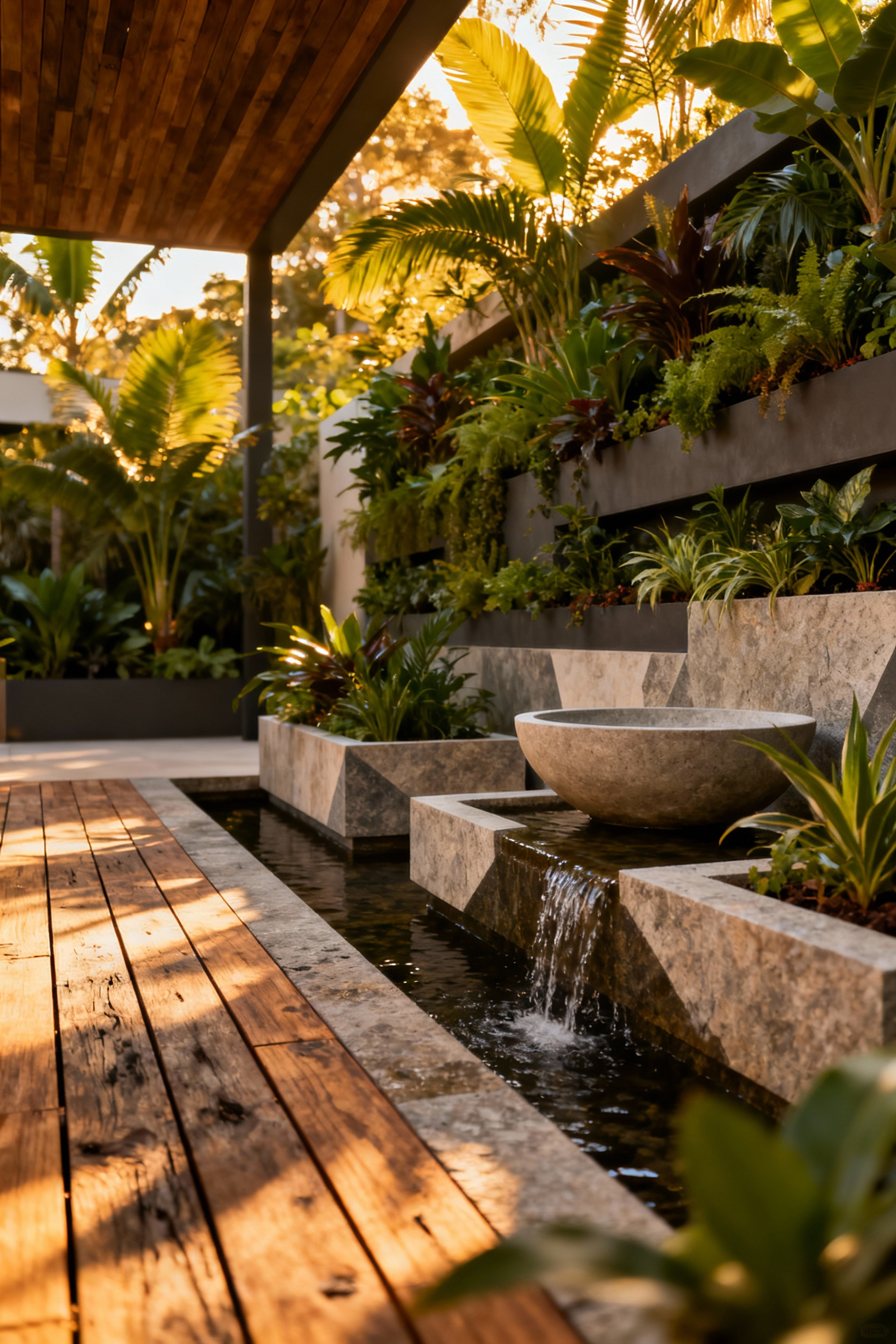 Sophisticated balcony designed with multi-sensory microclimates, featuring lush biophilic plants, sustainable materials, and a serene water feature, promoting profound engagement with nature.