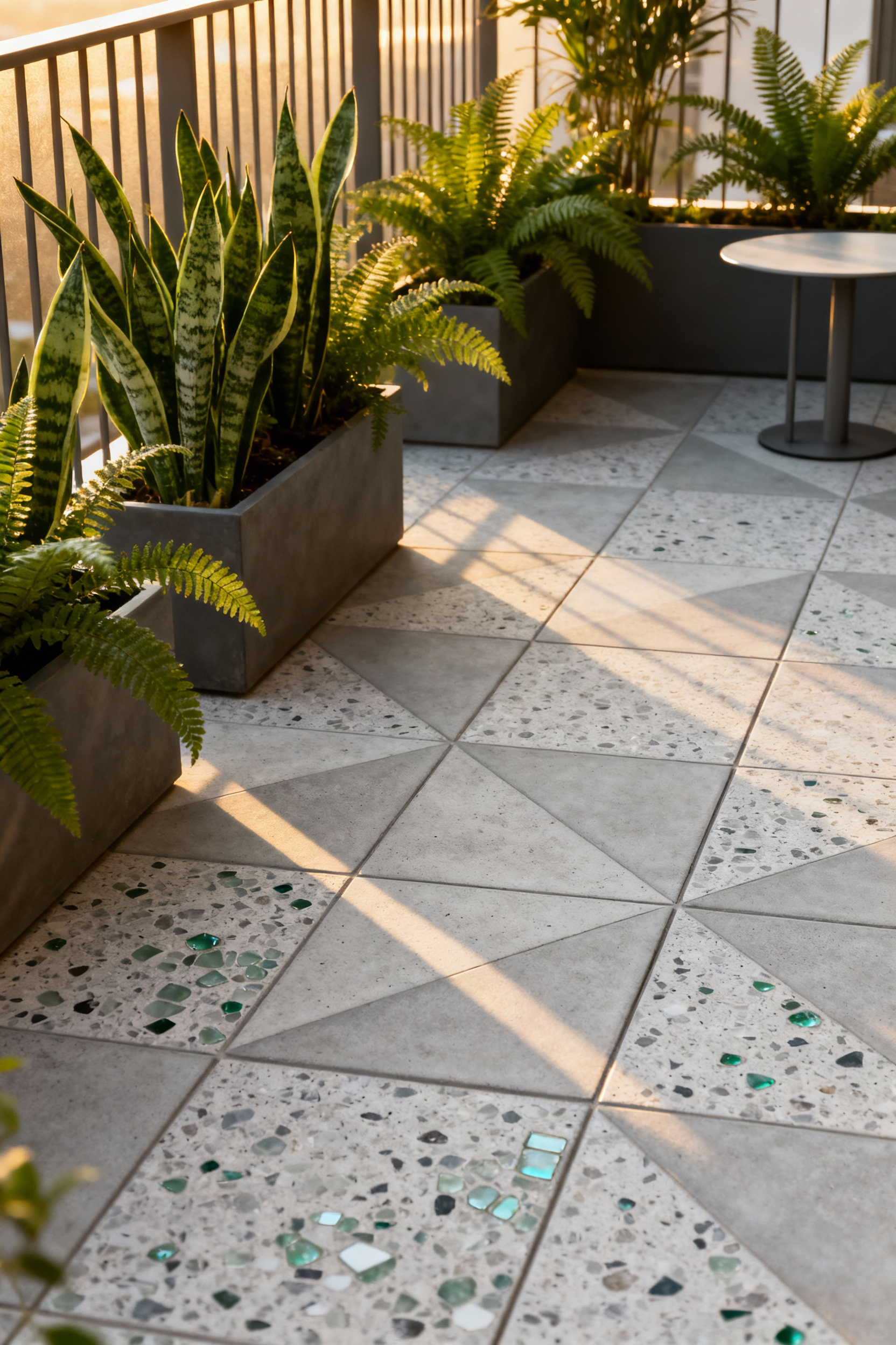 Luxury balcony with a meticulously laid terrazzo floor integrated with artisan tiles, reflecting natural light and surrounded by subtle greenery, enhancing sophisticated grounding.