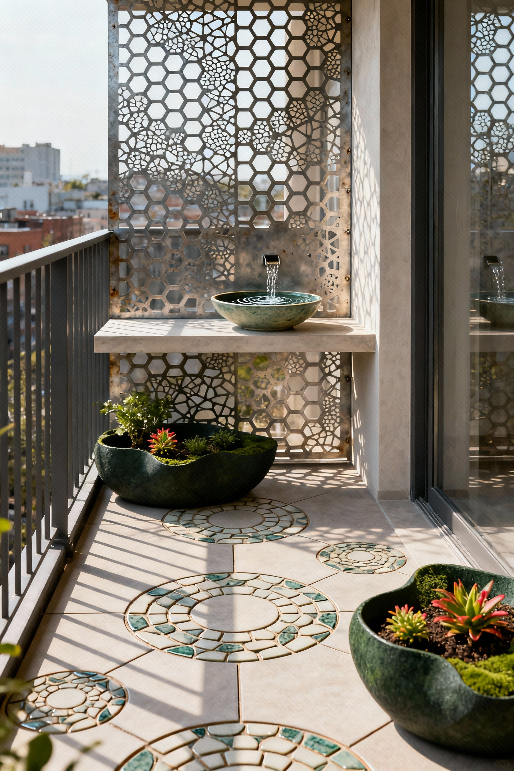 A biophilic balcony design integrating sacred geometries, featuring a Golden Ratio water feature and hexagonal patterned flooring under soft natural light, creating an ethereal spatial flow.