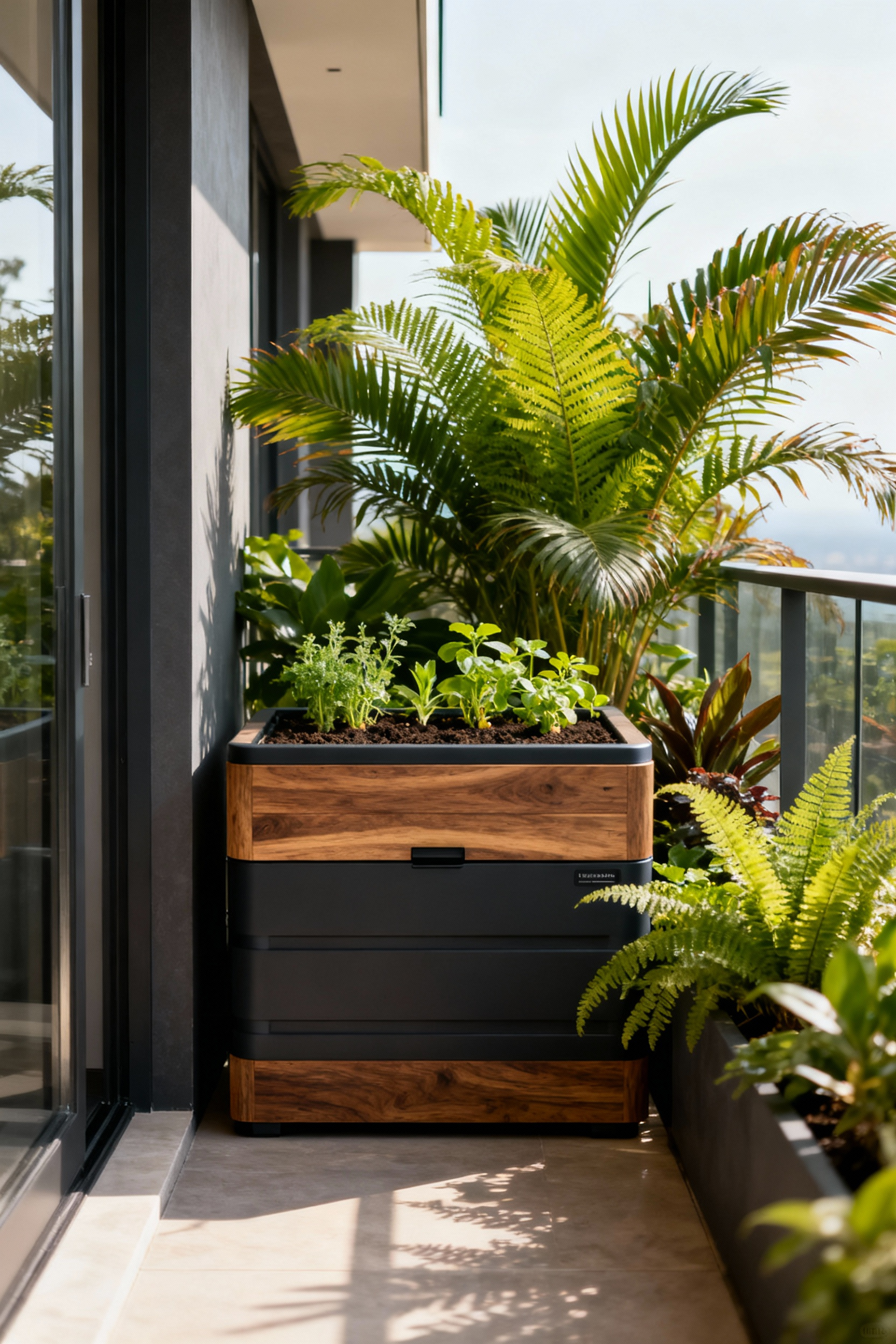 Stylish vermicomposter integrated into a modern luxury balcony with lush green tropical plants under natural morning light, demonstrating a regenerative composting regimen.