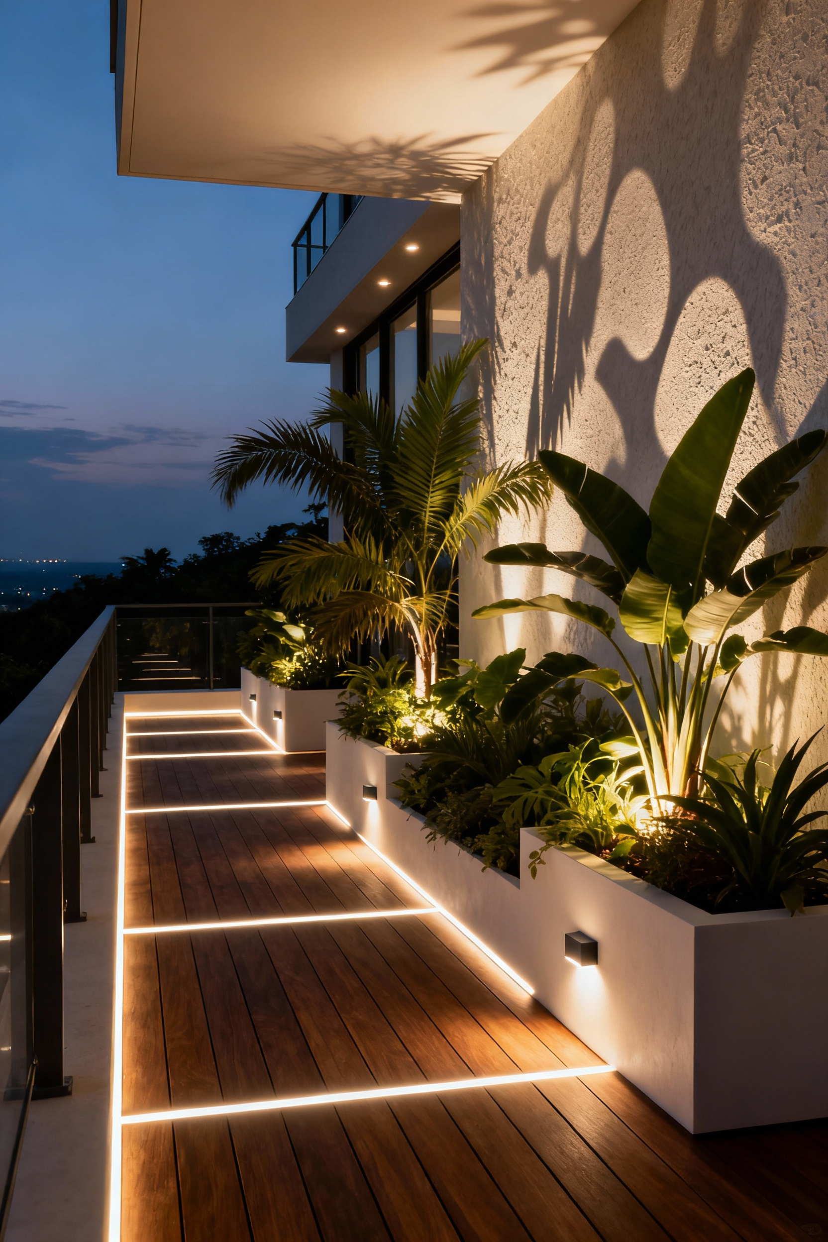 A sophisticated balcony illuminated with warm nocturnal lighting, showcasing layered LED fixtures, subtle uplighting on tropical plants, and soft downward glows creating a serene after-dusk ambiance, with no people, embodying sustainable luxury.